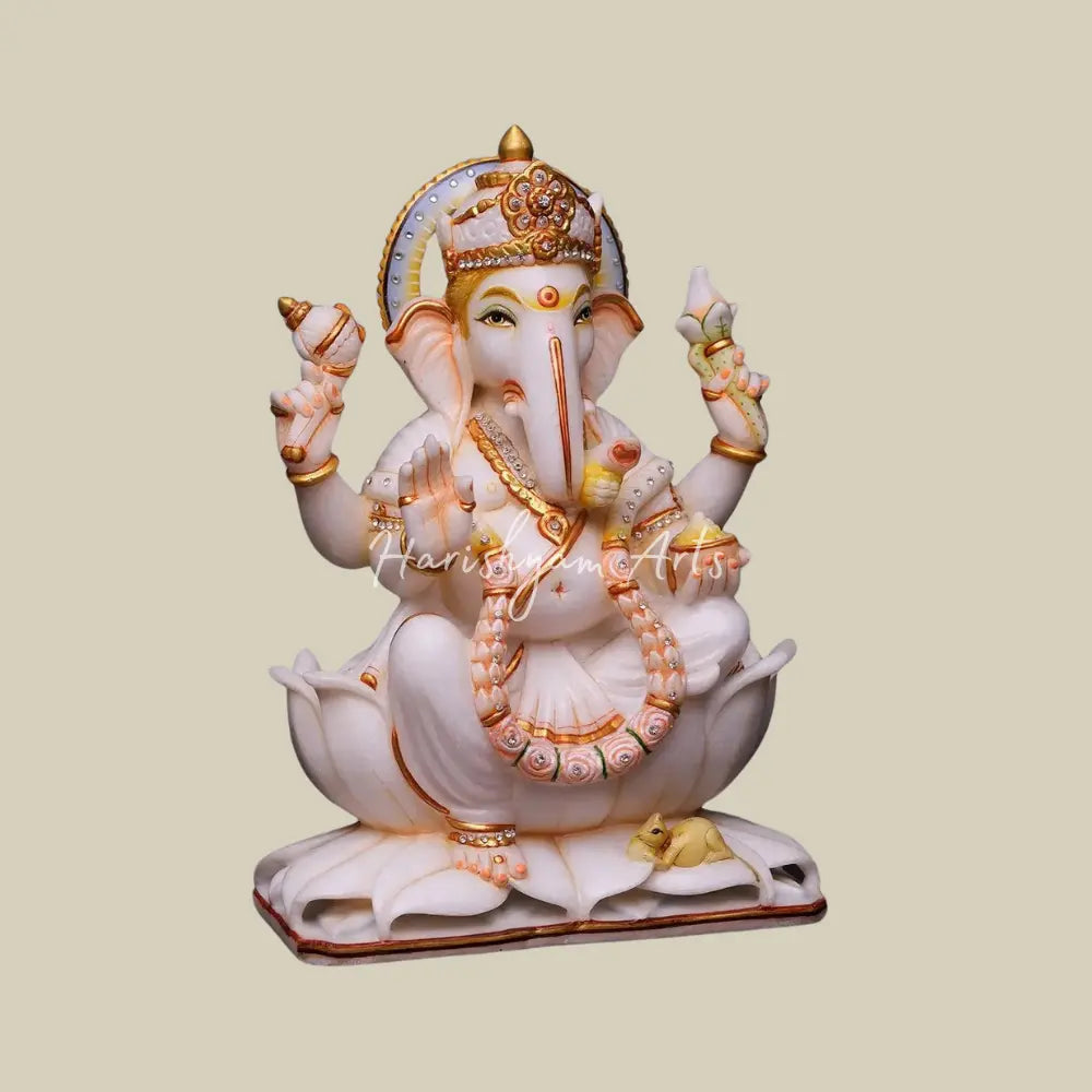 15" Marble Ganesh Statue Seated on Lotus