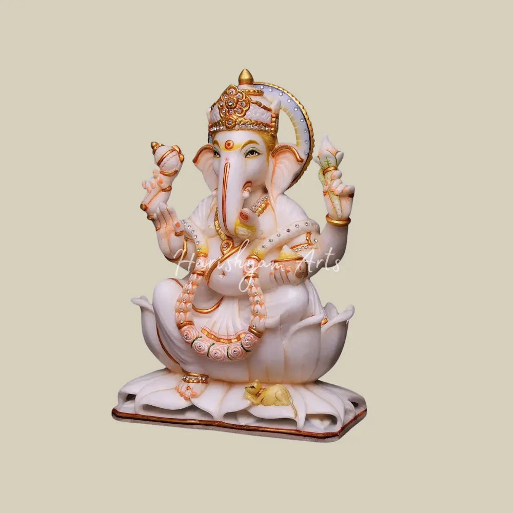 15" Marble Ganesh Statue Seated on Lotus