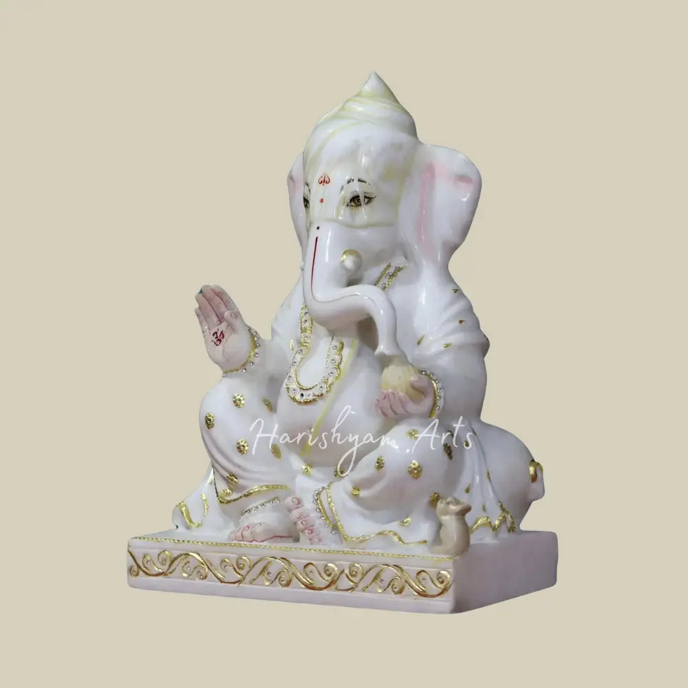 15" Relaxing Ganesha In Abhay Mudra Marble Murti