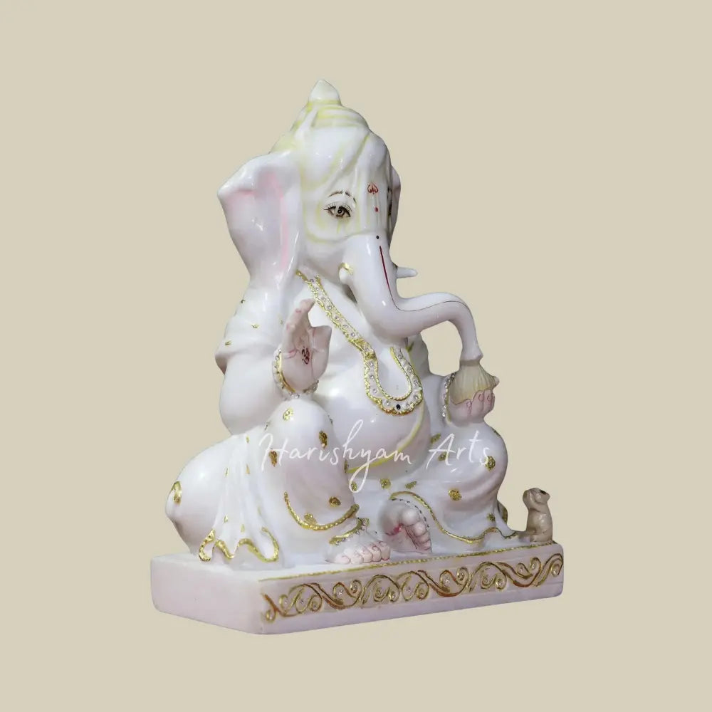 15" Relaxing Ganesha In Abhay Mudra Marble Murti