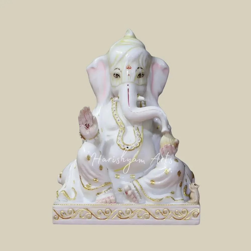 15" Relaxing Ganesha In Abhay Mudra Marble Murti