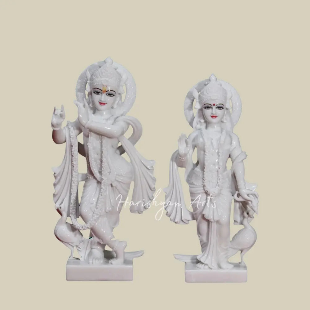 15" Super White Marble Radha Krishna Statue