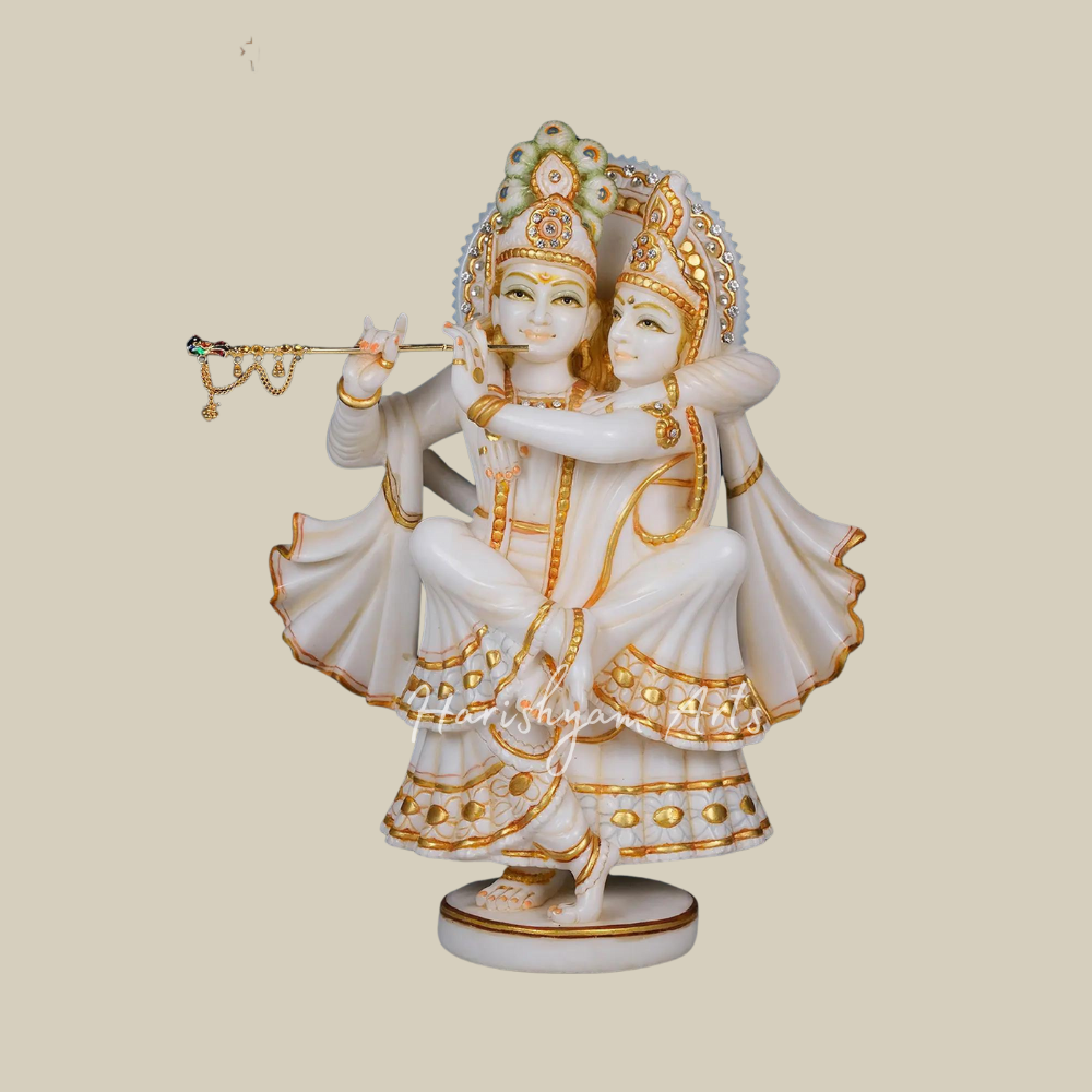 15" handmade Radha Krishna Idol in White Marble