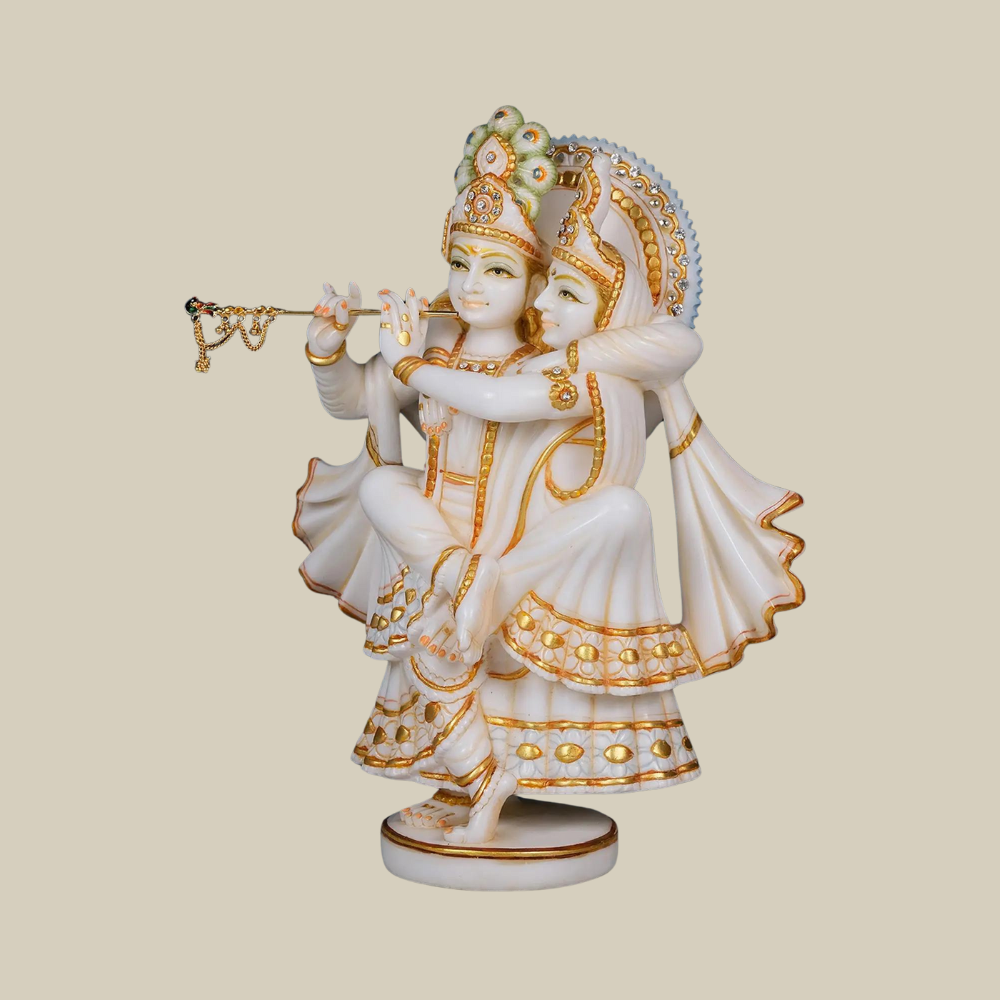 15" handmade Radha Krishna Idol in White Marble