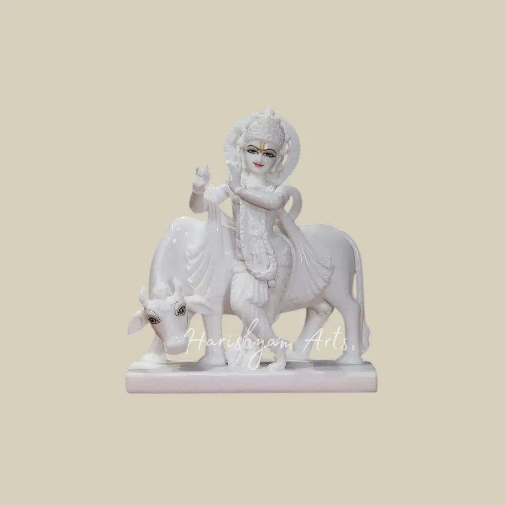 15" super white makrana marble krishna with holy cow statue