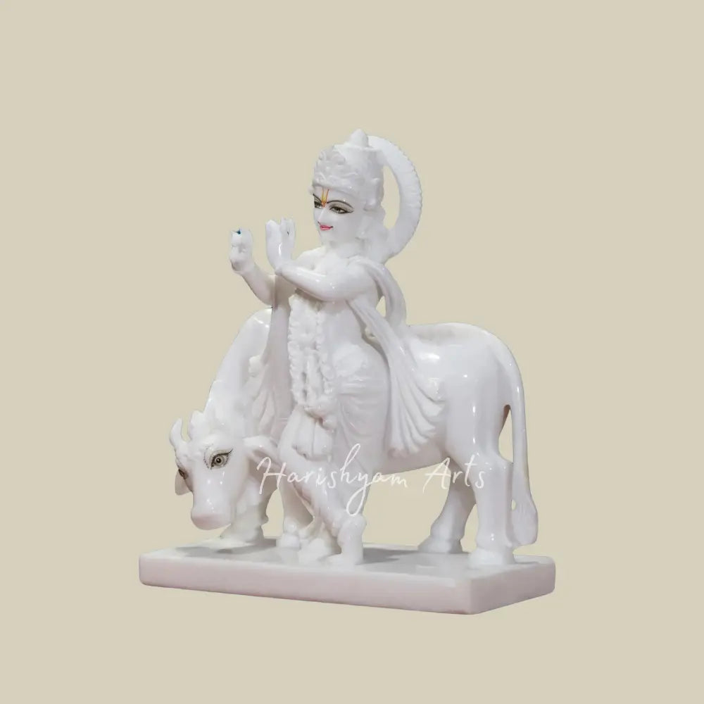 15" super white makrana marble krishna with holy cow statue