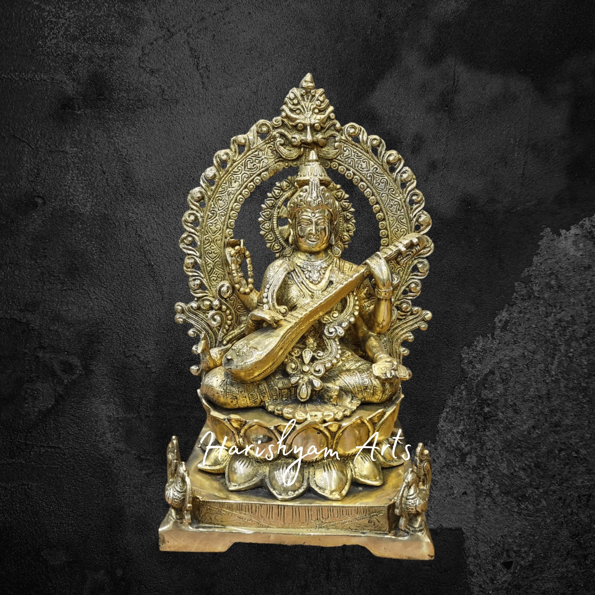 16" Brass Goddess Saraswati Idol Seated on Lotus Pedestal with Detailed Craftsmanship
