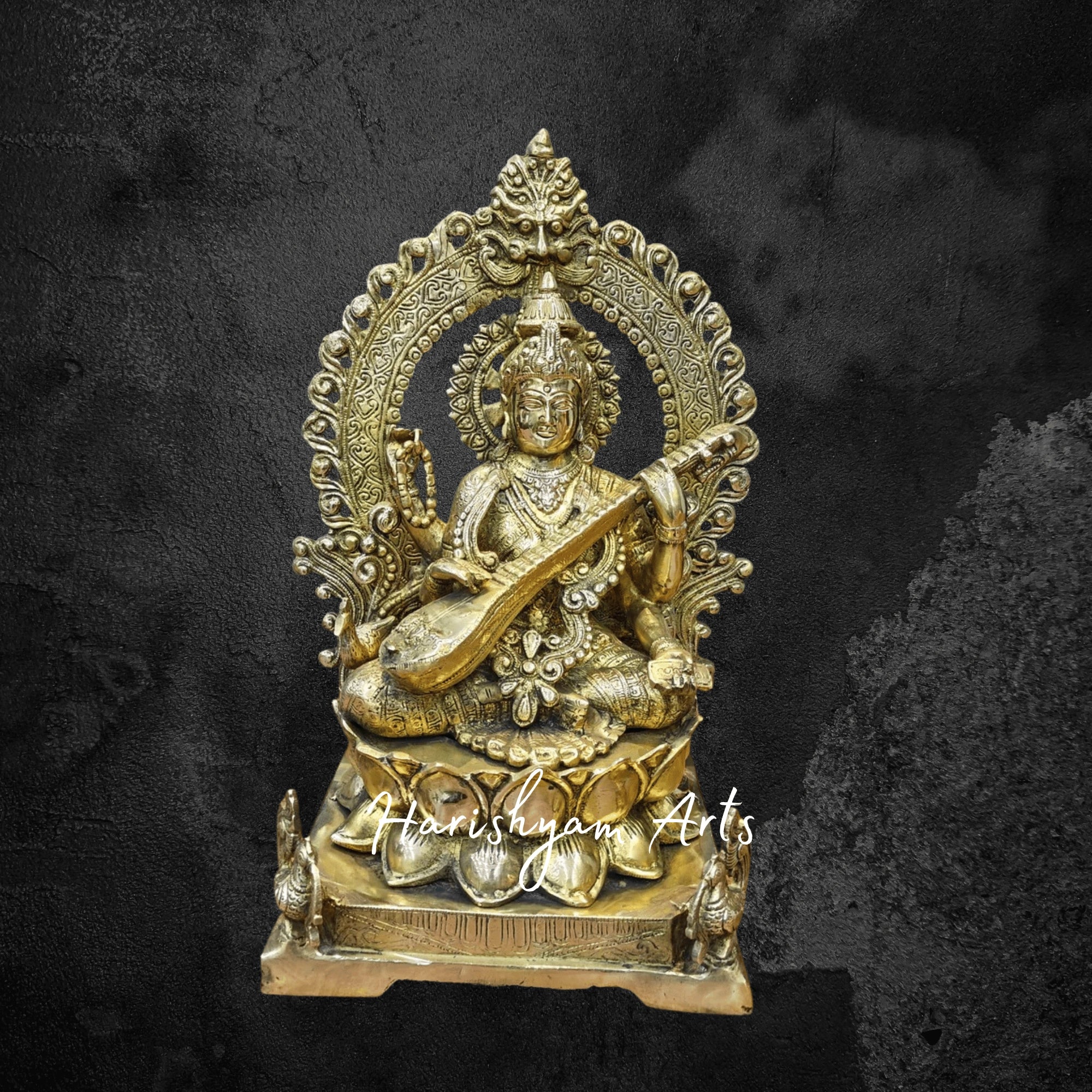 16" Brass Goddess Saraswati Idol Seated on Lotus Pedestal with Detailed Craftsmanship
