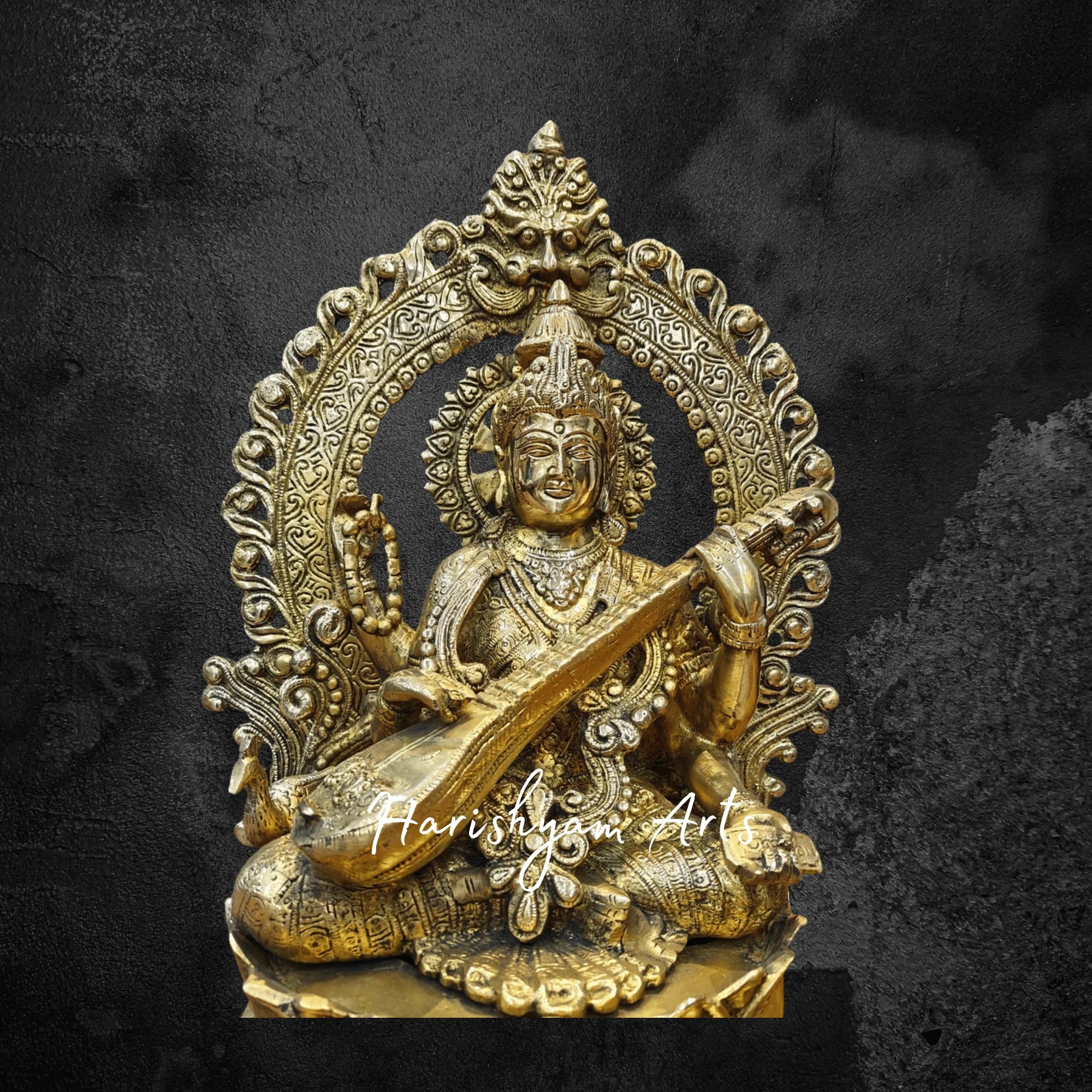 16" Brass Goddess Saraswati Idol Seated on Lotus Pedestal with Detailed Craftsmanship