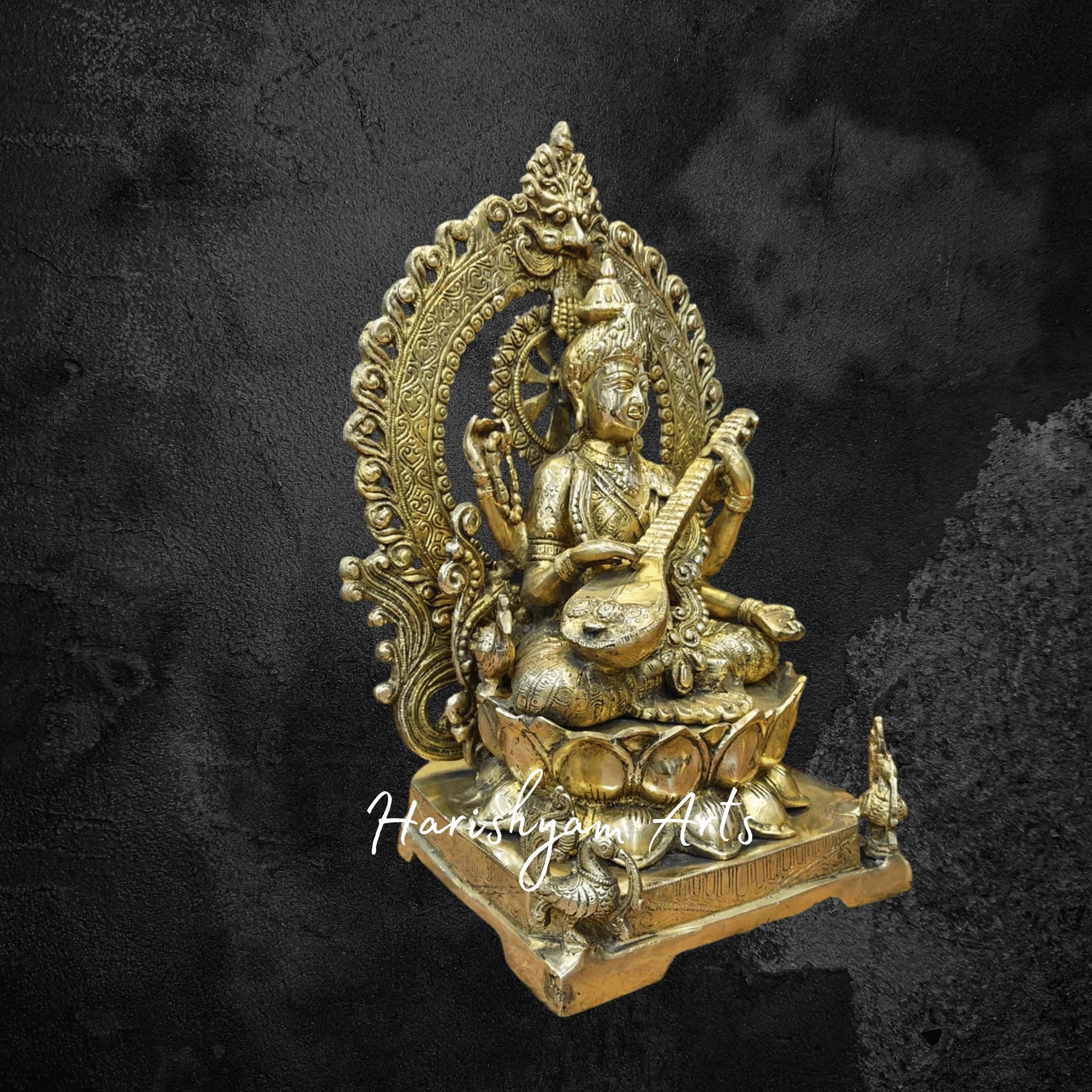16" Brass Goddess Saraswati Idol Seated on Lotus Pedestal with Detailed Craftsmanship