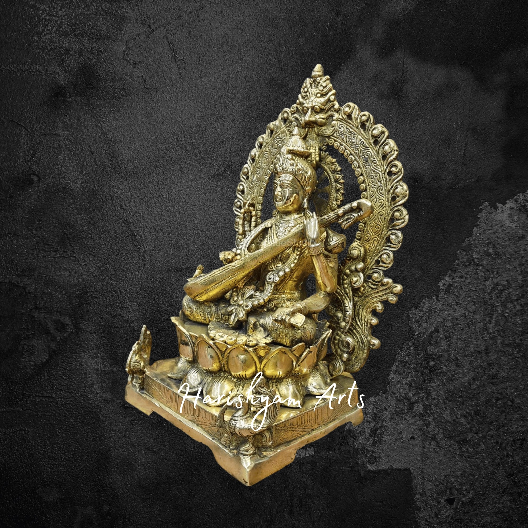 16" Brass Goddess Saraswati Idol Seated on Lotus Pedestal with Detailed Craftsmanship
