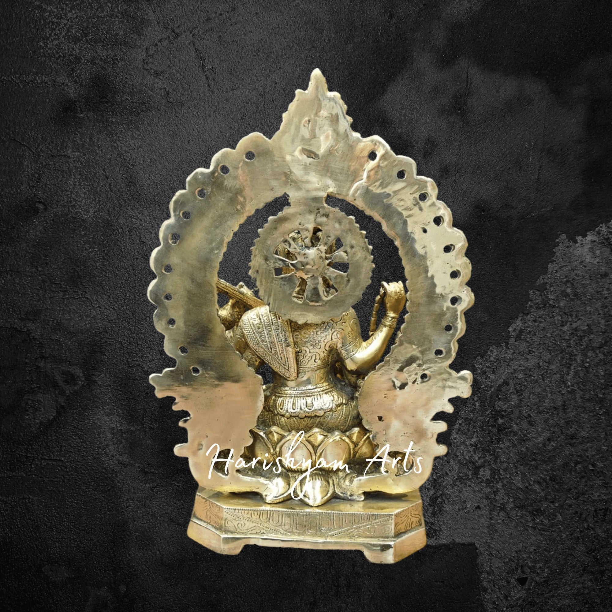16" Brass Goddess Saraswati Idol Seated on Lotus Pedestal with Detailed Craftsmanship