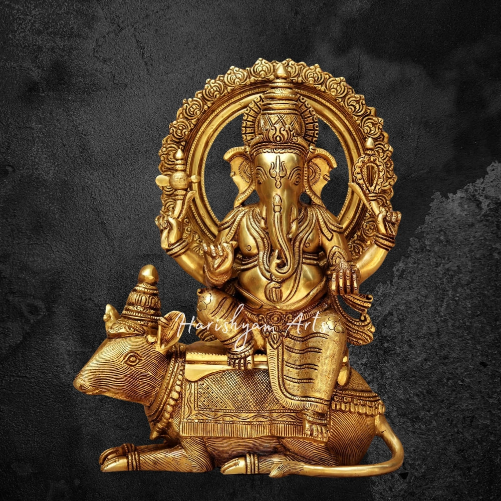 16" Brass Lord Ganesh Statue Sitting On Mushak Vahan