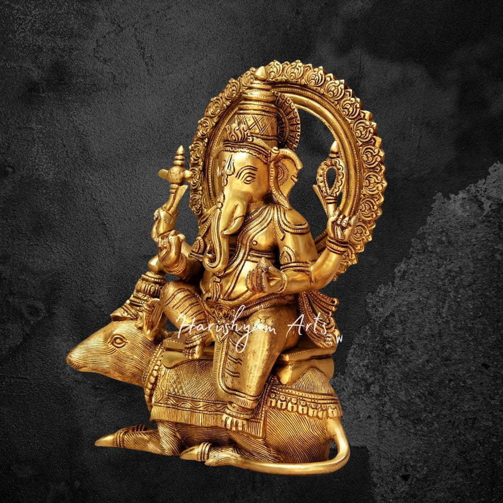 16" Brass Lord Ganesh Statue Sitting On Mushak Vahan