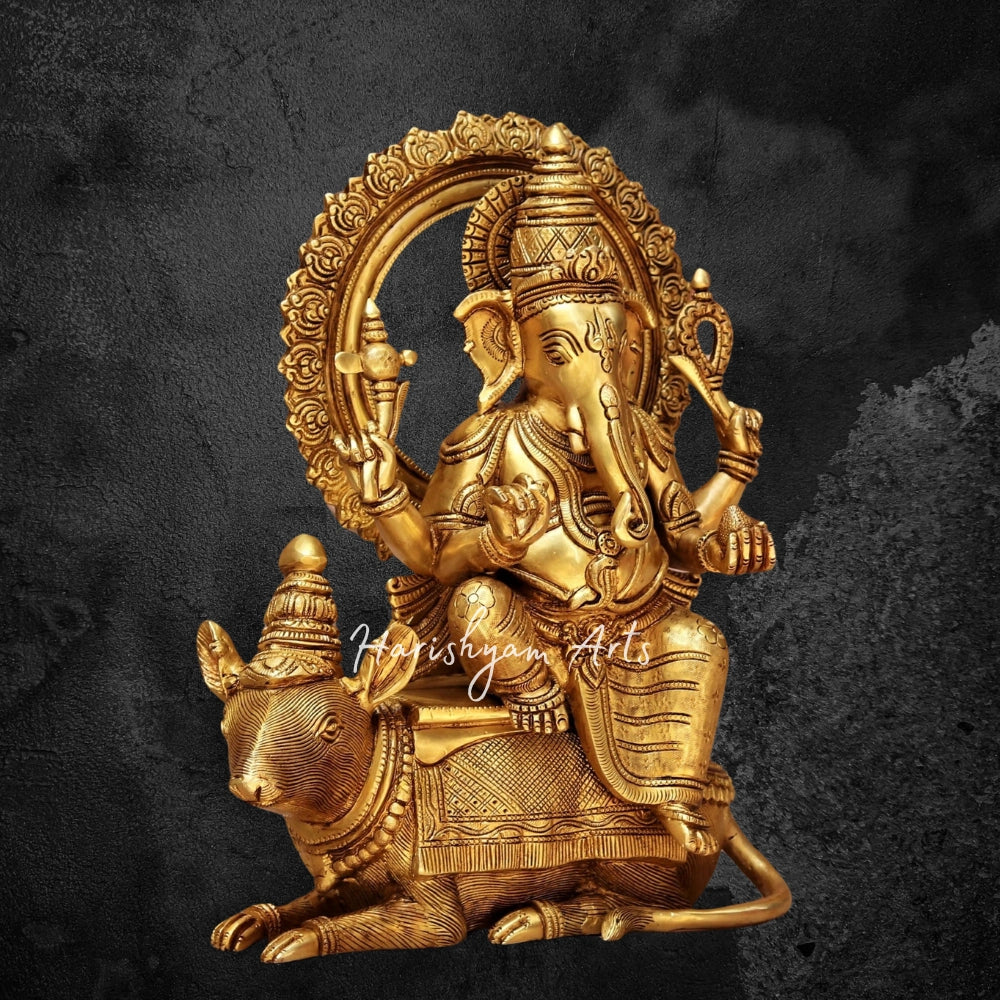 16" Brass Lord Ganesh Statue Sitting On Mushak Vahan