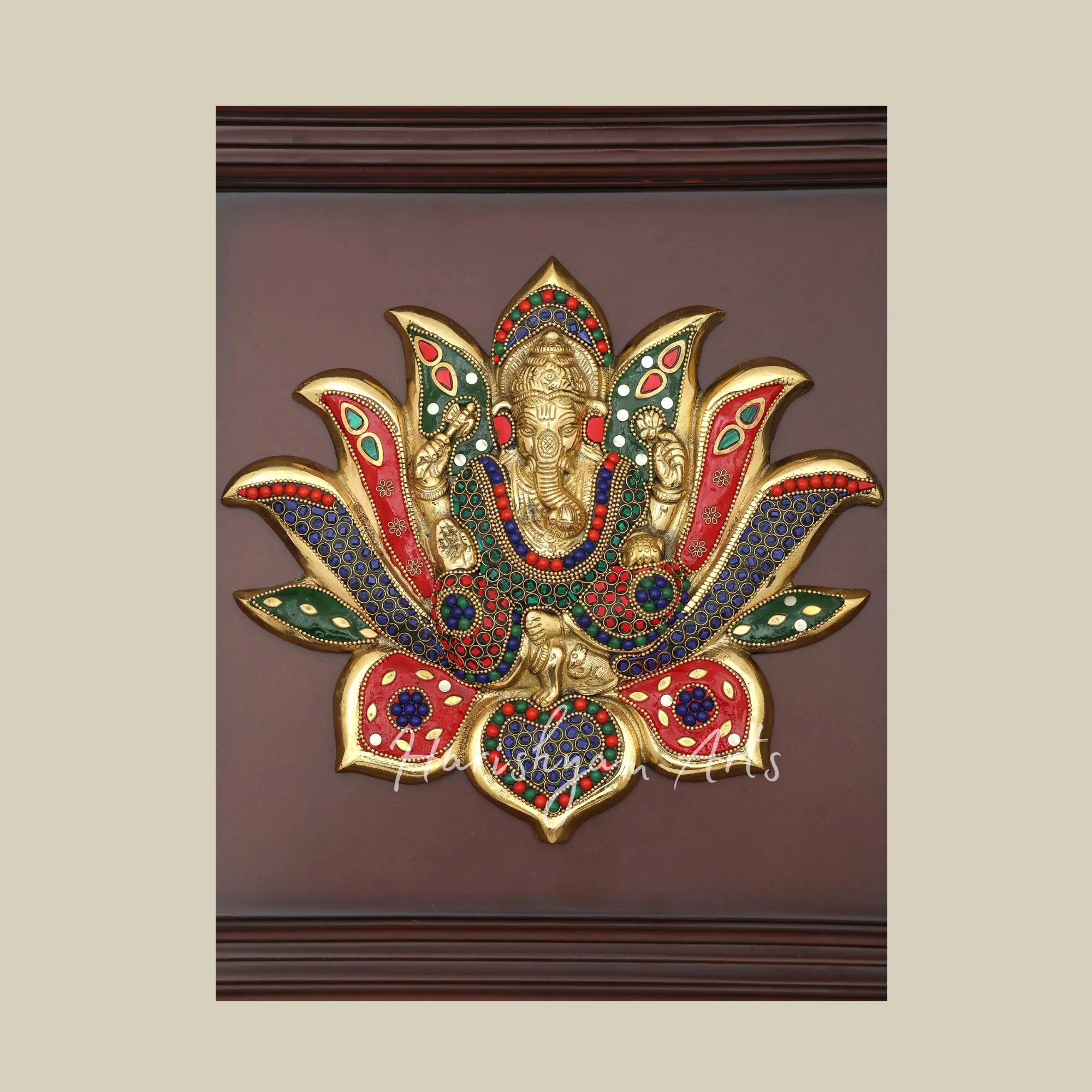 16"  Brass Lotus Ganesha Wall Sculpture with Intricate Inlay and Wooden Frame