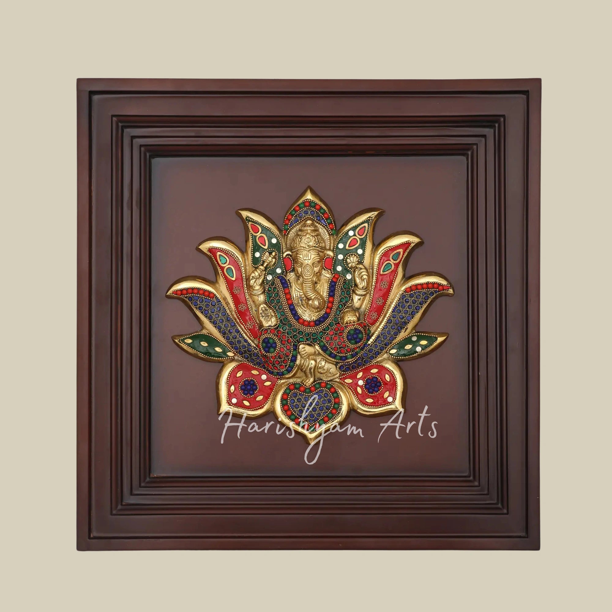 16"  Brass Lotus Ganesha Wall Sculpture with Intricate Inlay and Wooden Frame
