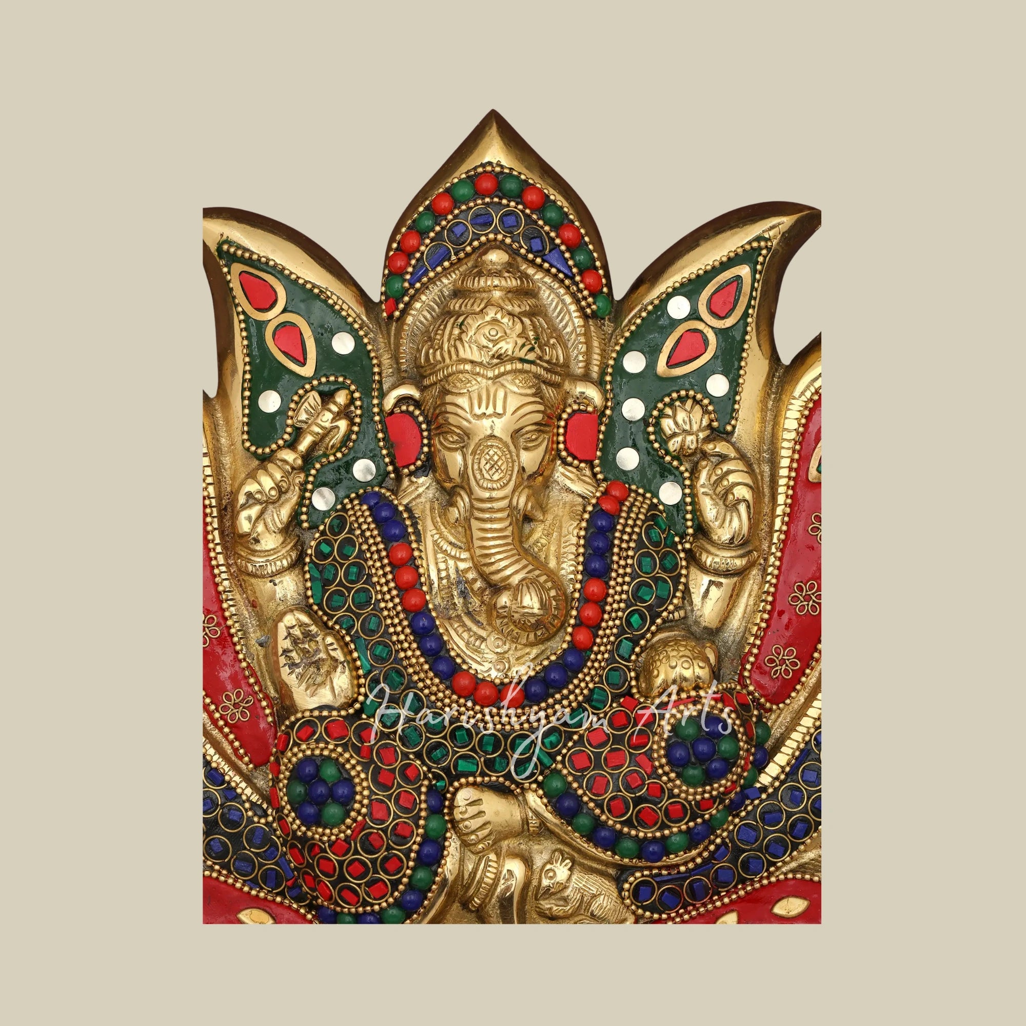 16"  Brass Lotus Ganesha Wall Sculpture with Intricate Inlay and Wooden Frame