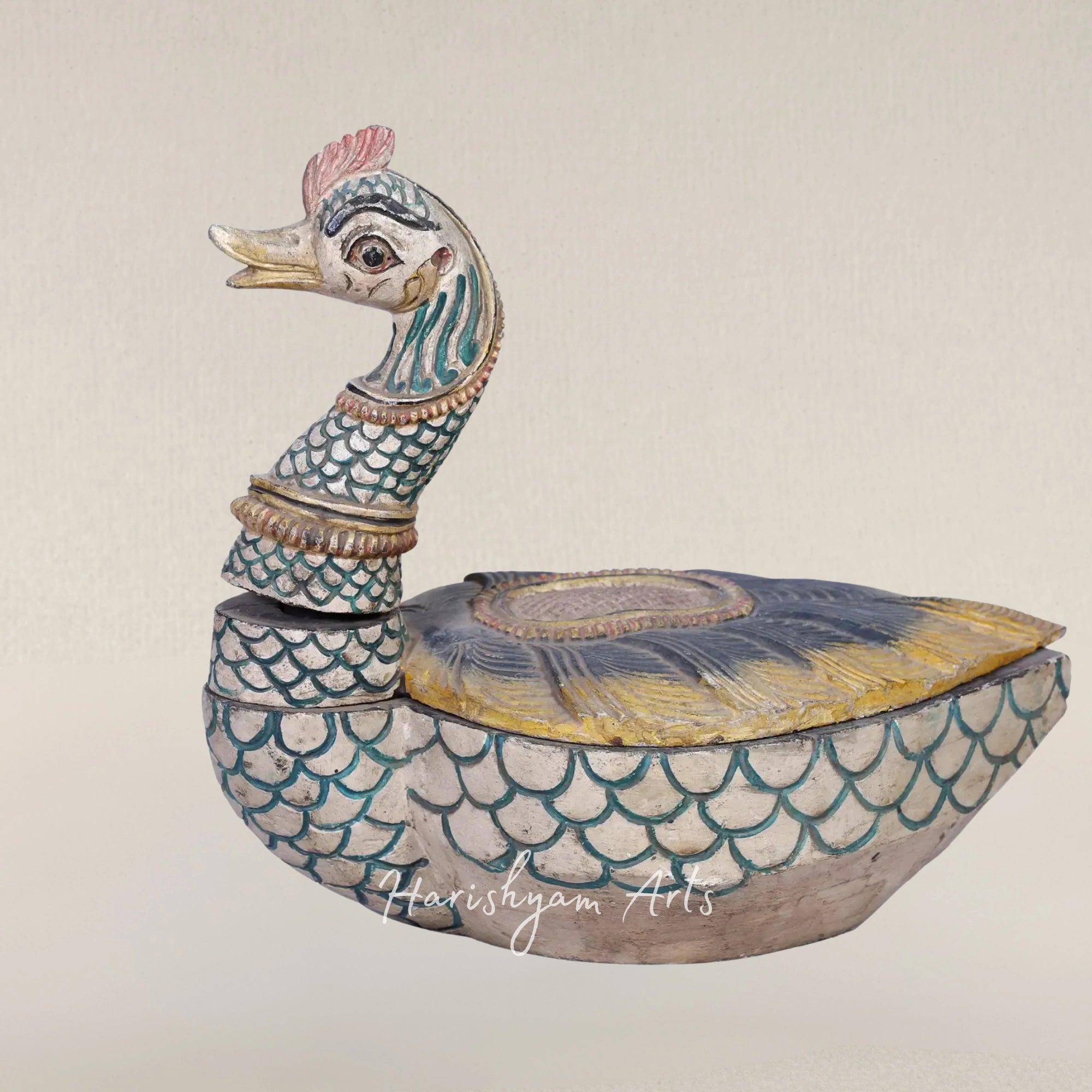 16" Carved Wooden Peacock Storage Box Artistic Home Decor Accent