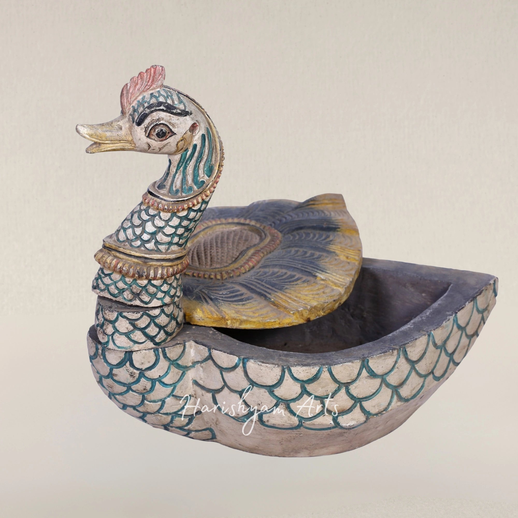16" Carved Wooden Peacock Storage Box Artistic Home Decor Accent