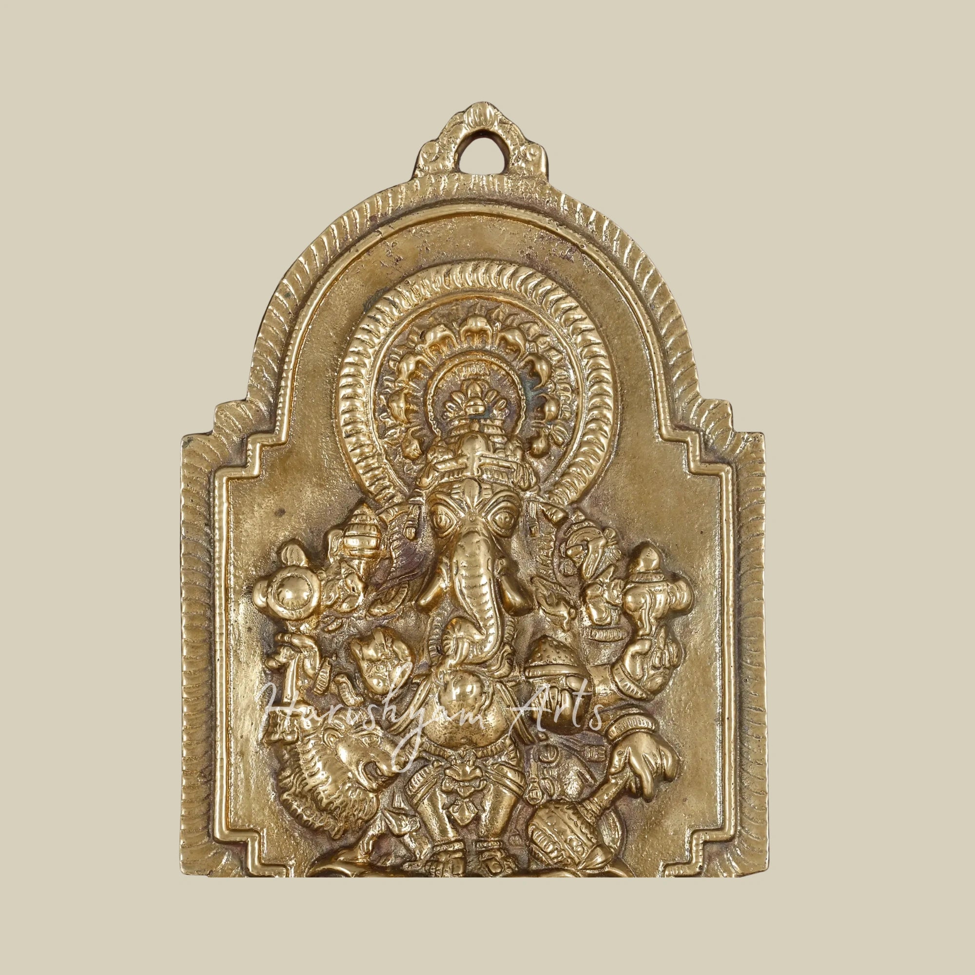 16" Drishti Ganesha Brass Sculpture for Wall Decor with Elegant Wooden Framing