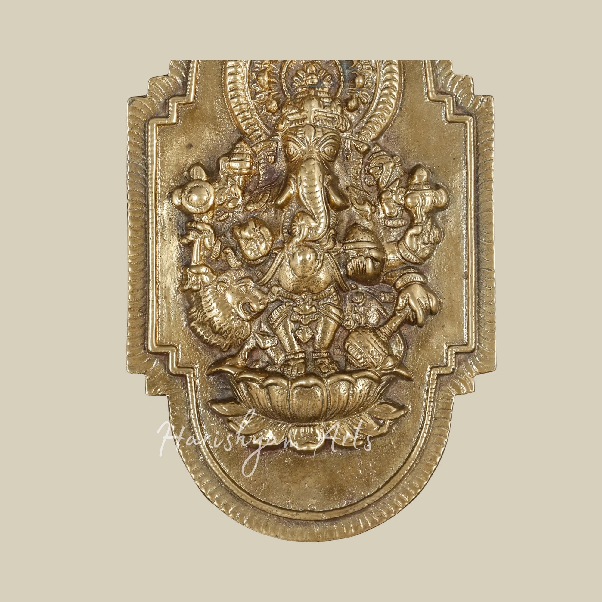16" Drishti Ganesha Brass Sculpture for Wall Decor with Elegant Wooden Framing