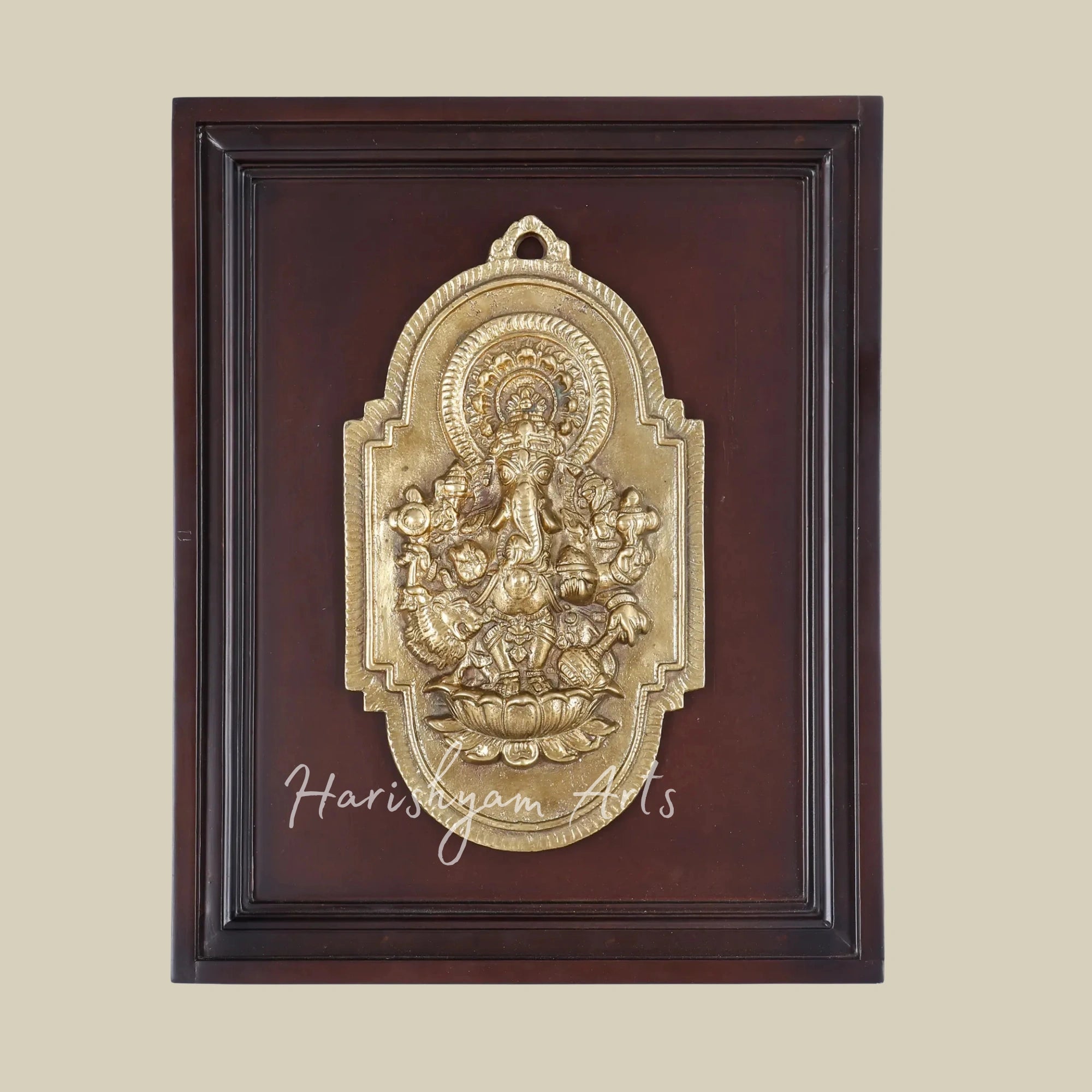 16" Drishti Ganesha Brass Sculpture for Wall Decor with Elegant Wooden Framing