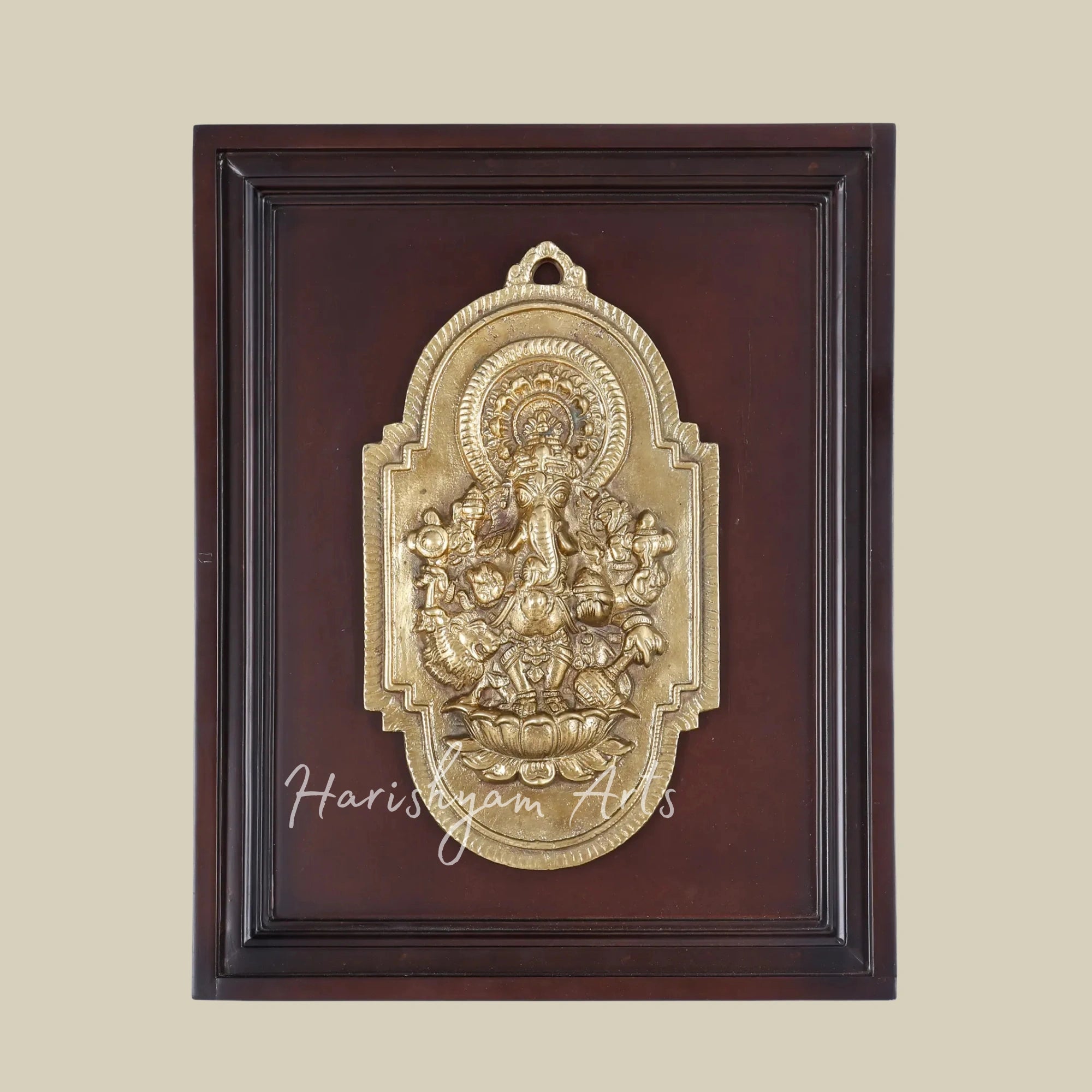 16" Drishti Ganesha Brass Sculpture for Wall Decor with Elegant Wooden Framing