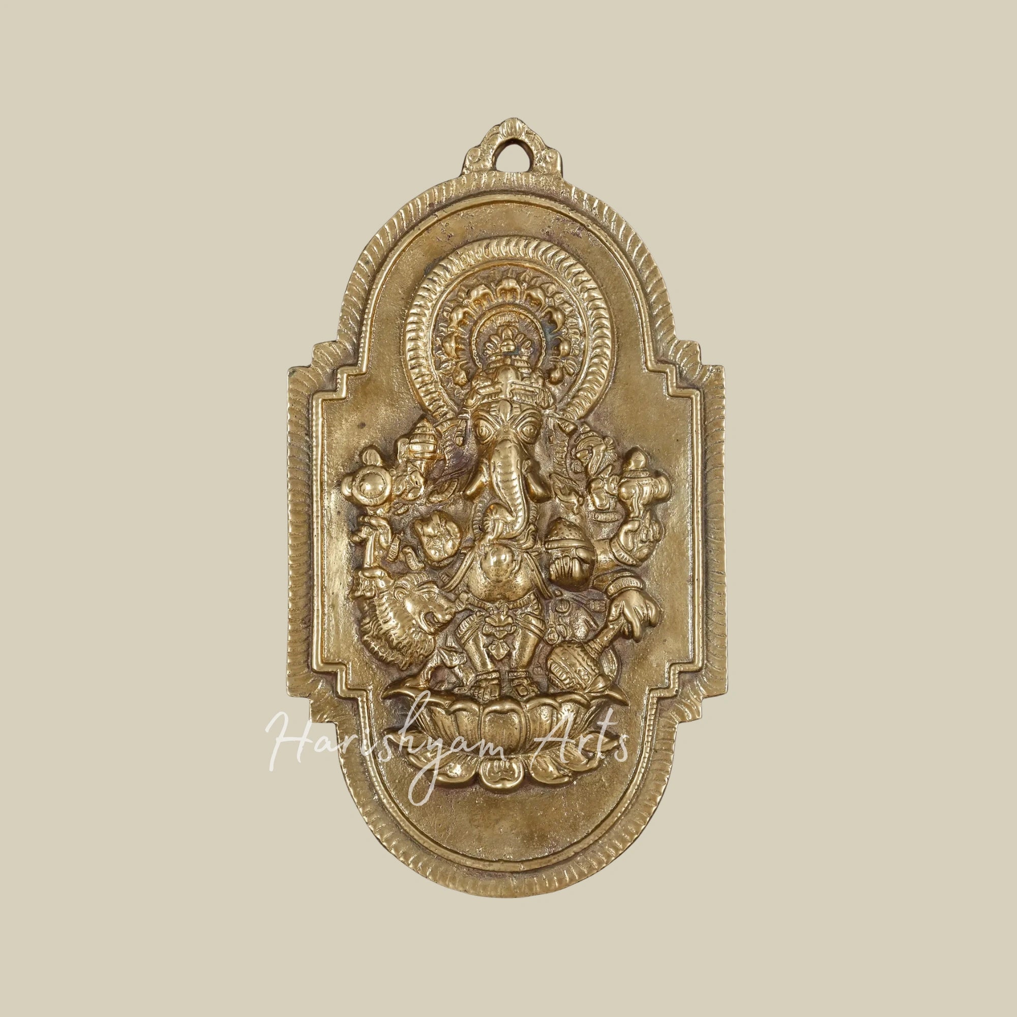 16" Drishti Ganesha Brass Sculpture for Wall Decor with Elegant Wooden Framing