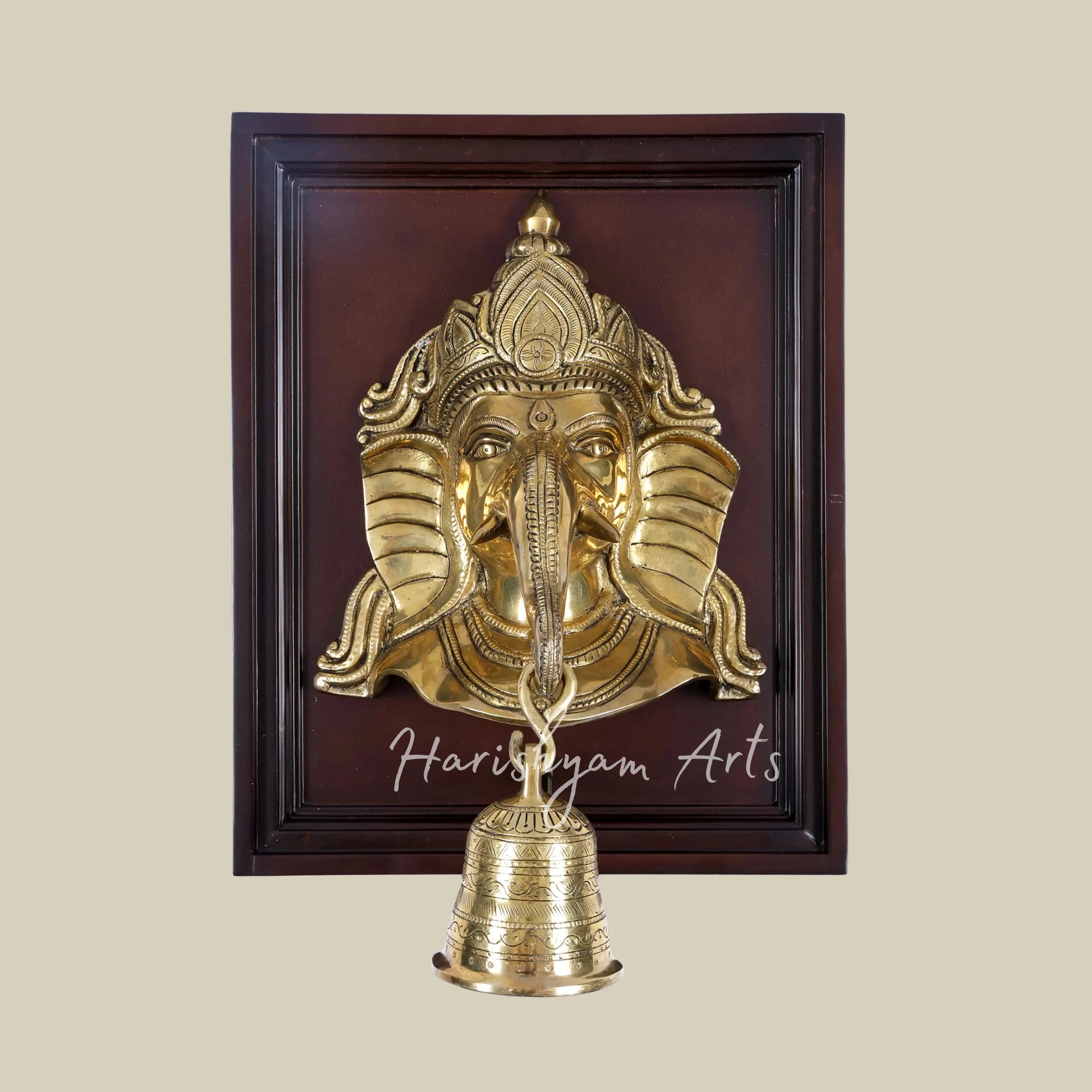 16"  Ganesh Brass Face Wall Art with Decorative Bell and Wooden Frame
