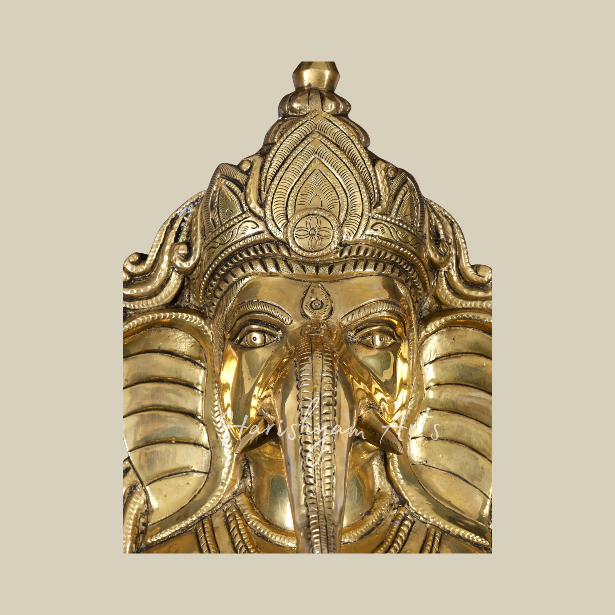 16"  Ganesh Brass Face Wall Art with Decorative Bell and Wooden Frame