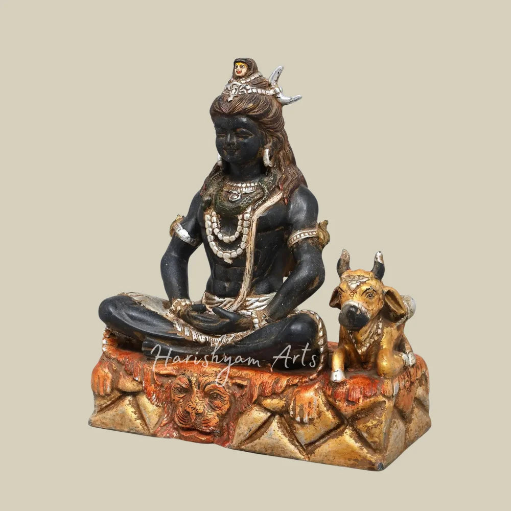 16" Handcrafted Mahadev Marble Murti with Nandi, Crescent Moon and Ornate Lion Throne for Home Temple