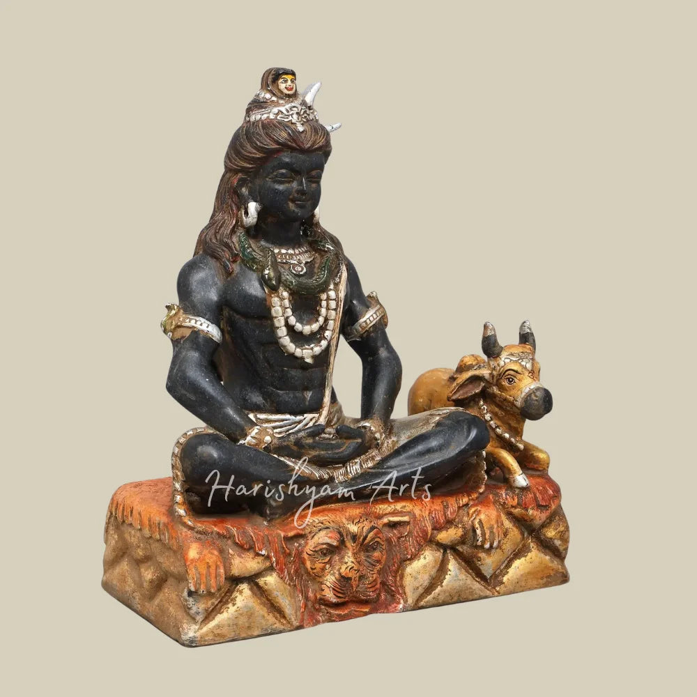 16" Handcrafted Mahadev Marble Murti with Nandi, Crescent Moon and Ornate Lion Throne for Home Temple