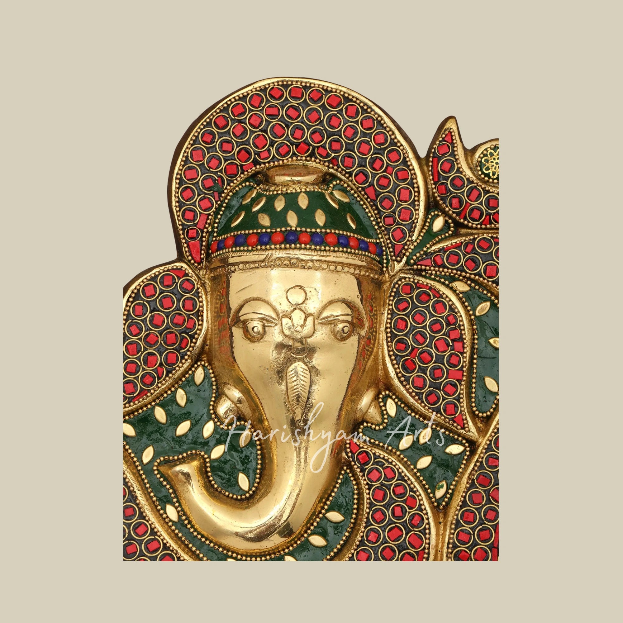 16"  Om Ganesha Brass Wall Sculpture with Intricate Inlay and Wood Frame