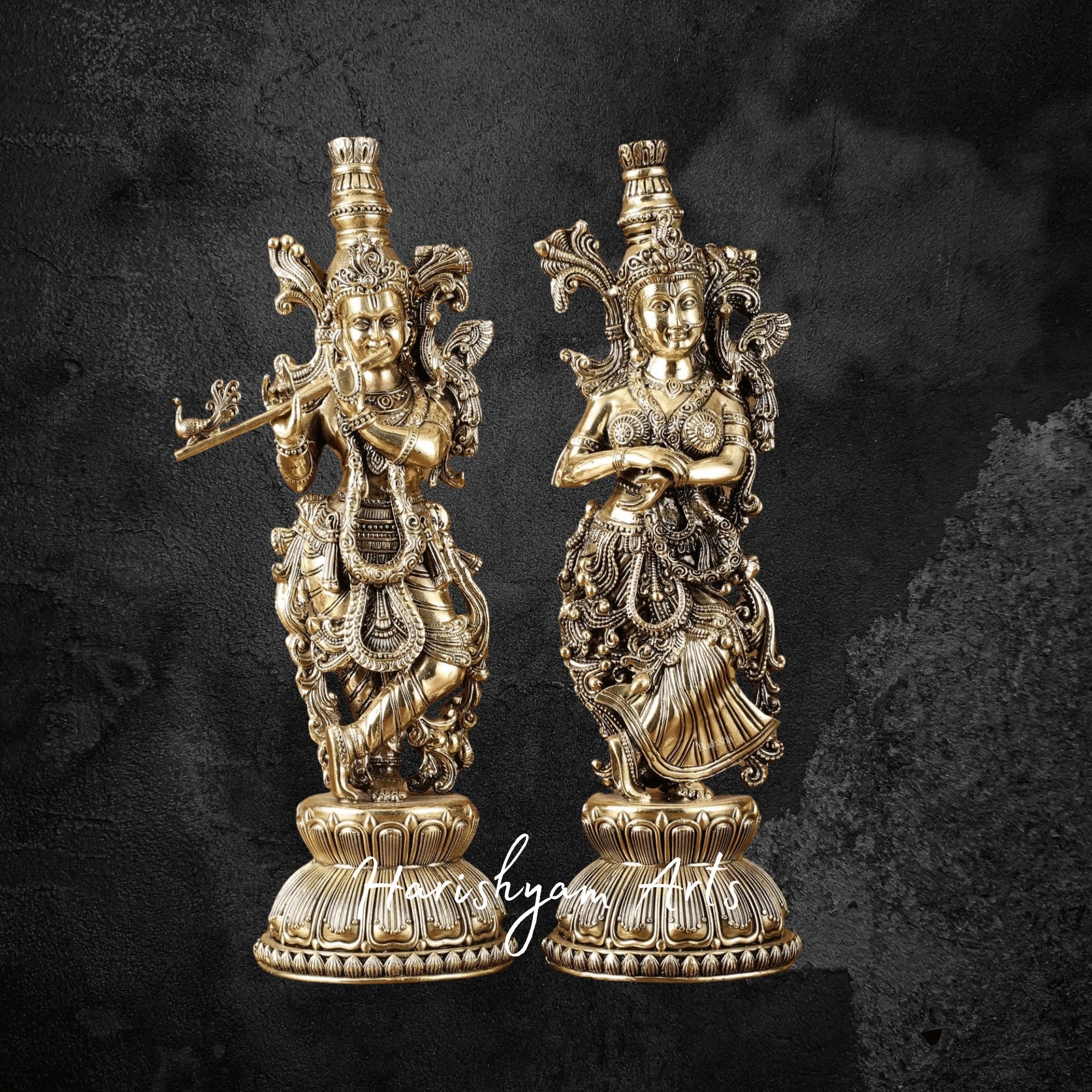 16" Stone-Studded Superfine Brass Radha Krishna Idol with Cow