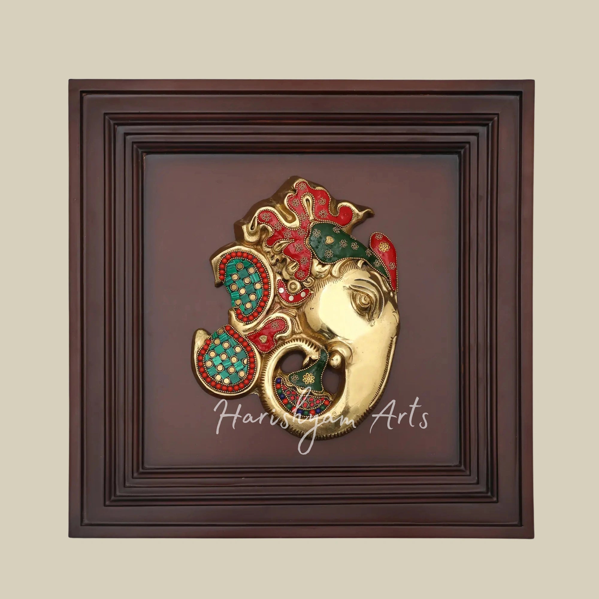 16"  Stylized Ganesha Brass Wall Art with Intricate Inlay and Wooden Frame