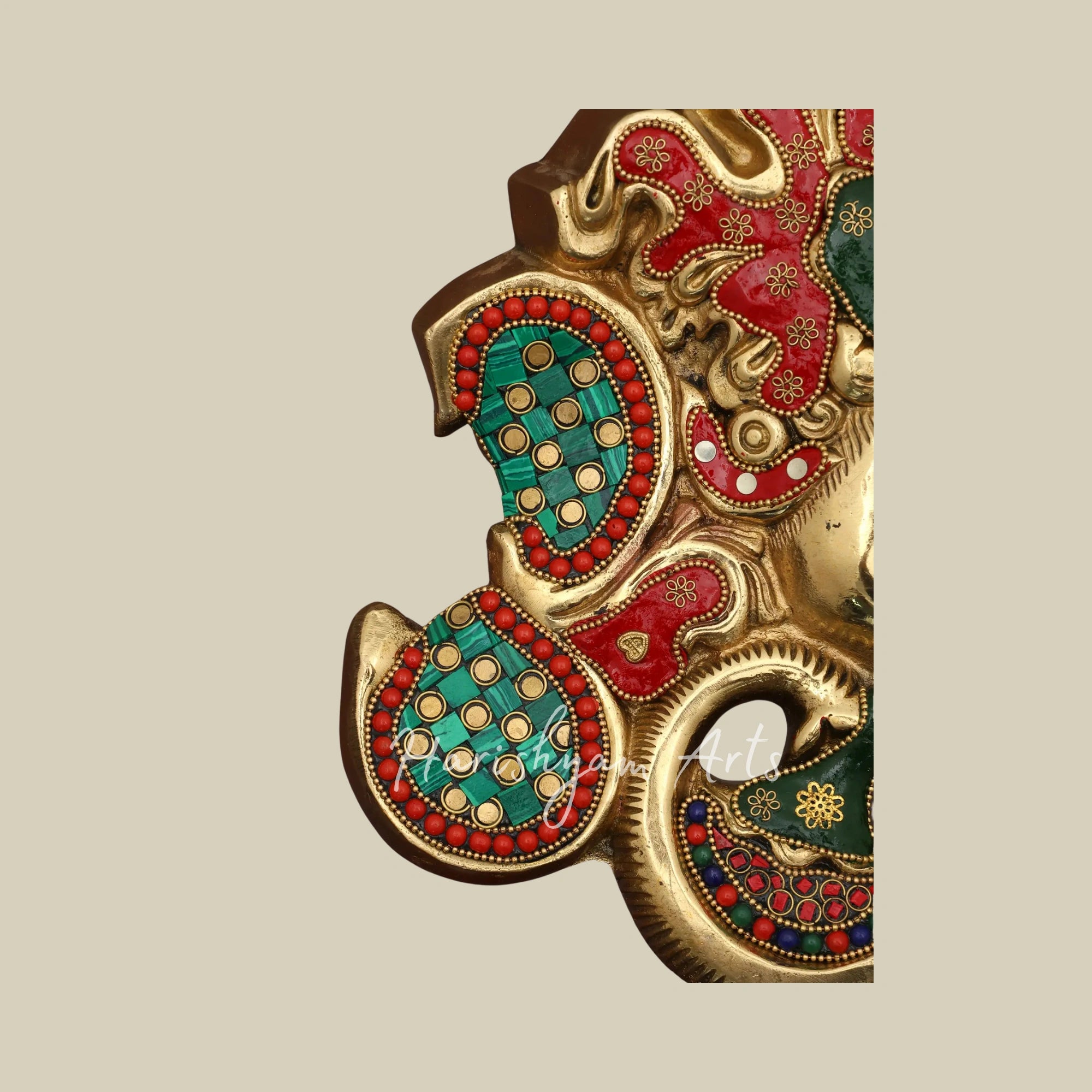 16"  Stylized Ganesha Brass Wall Art with Intricate Inlay and Wooden Frame