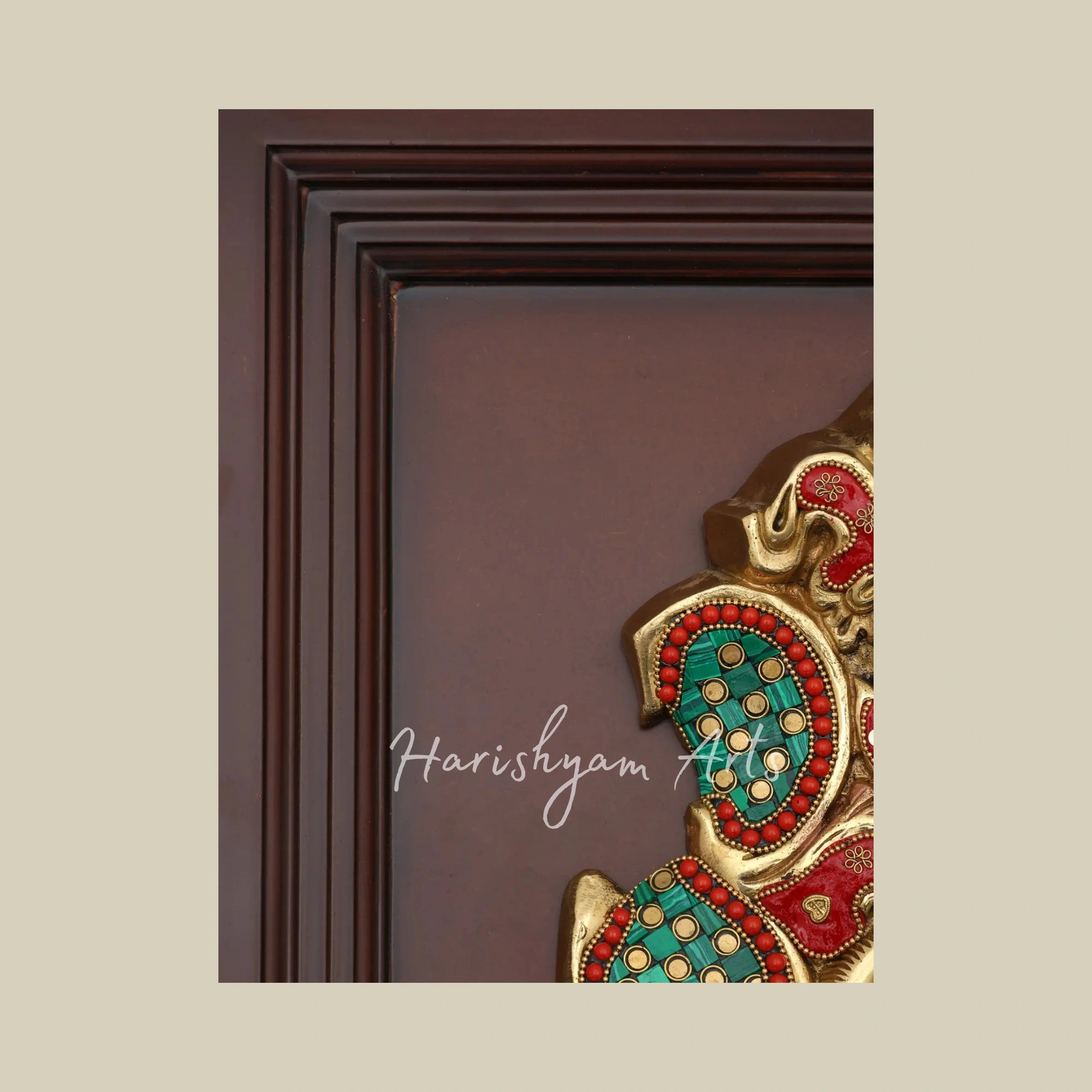 16"  Stylized Ganesha Brass Wall Art with Intricate Inlay and Wooden Frame