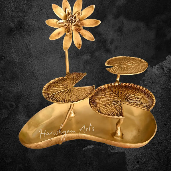 16” Brass Decoration Tray Lotus Leaves Figurine