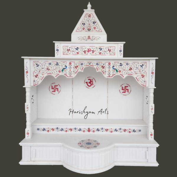 White Marble Pooja Mandir with Inlay Work