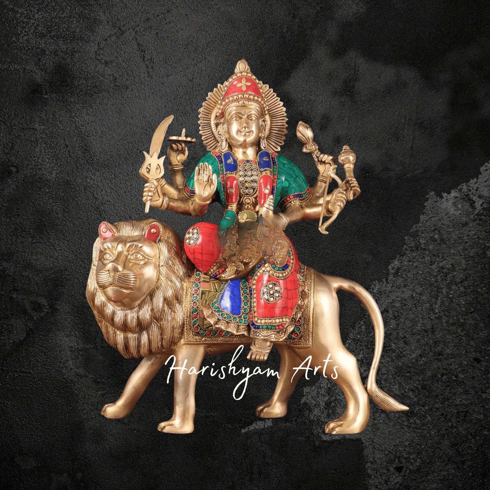 17" Brass Goddess Durga Murti with Divine Detailing
