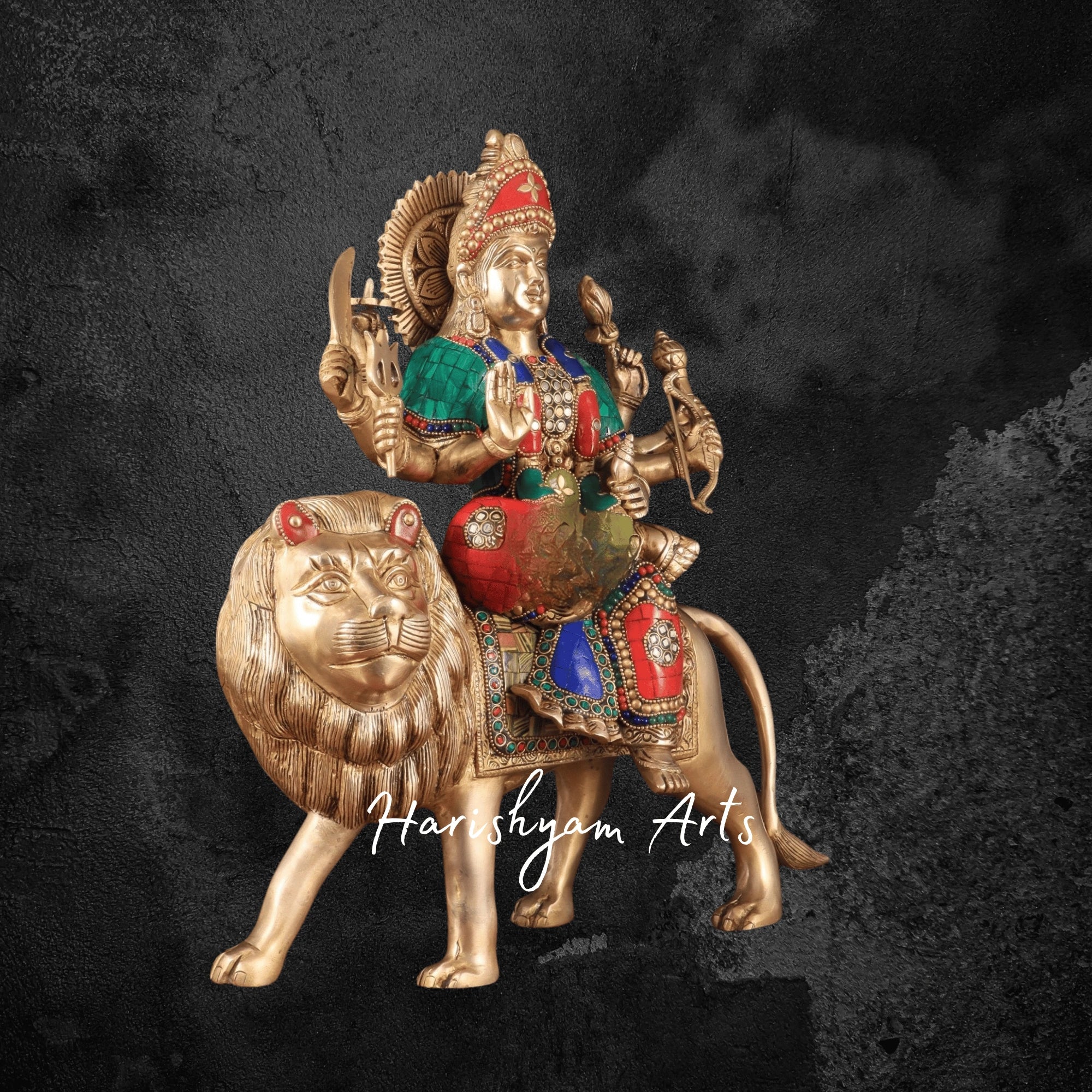 17" Brass Goddess Durga Murti with Divine Detailing