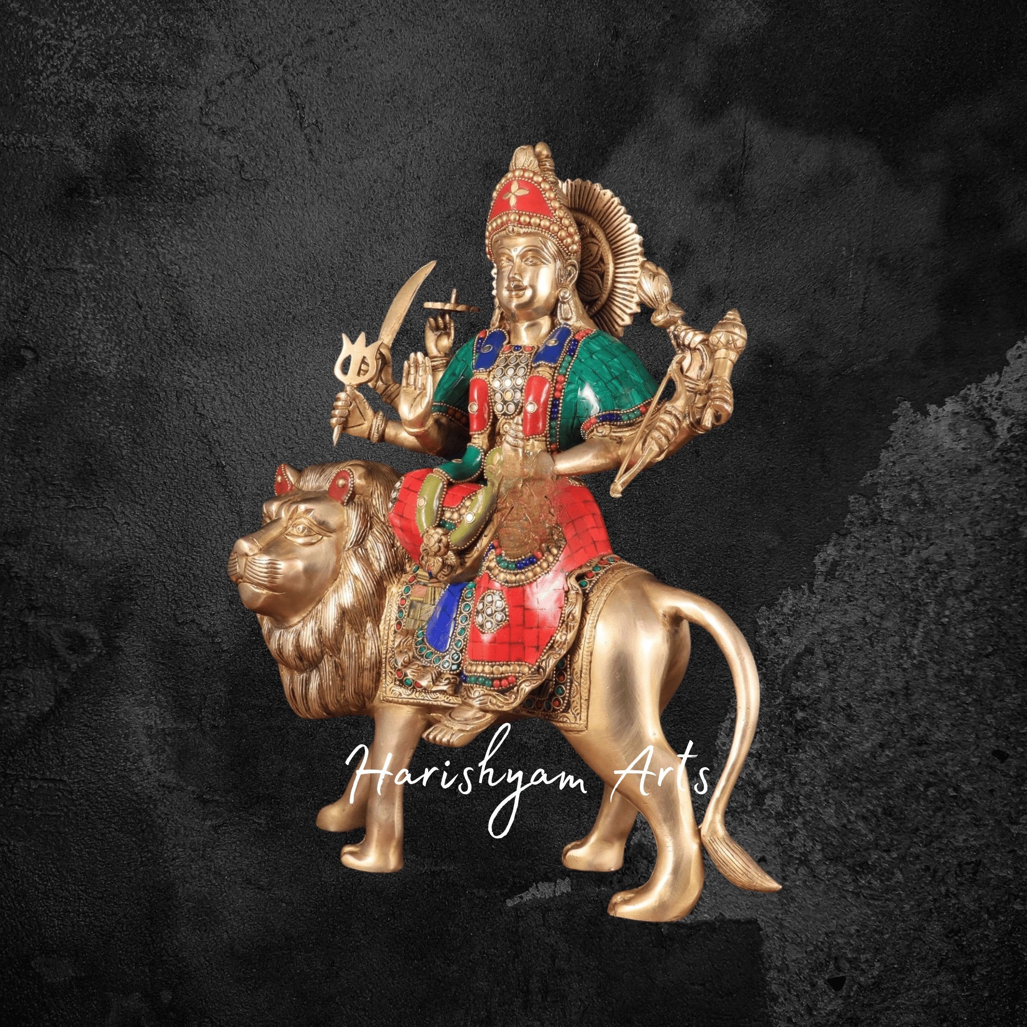 17" Brass Goddess Durga Murti with Divine Detailing