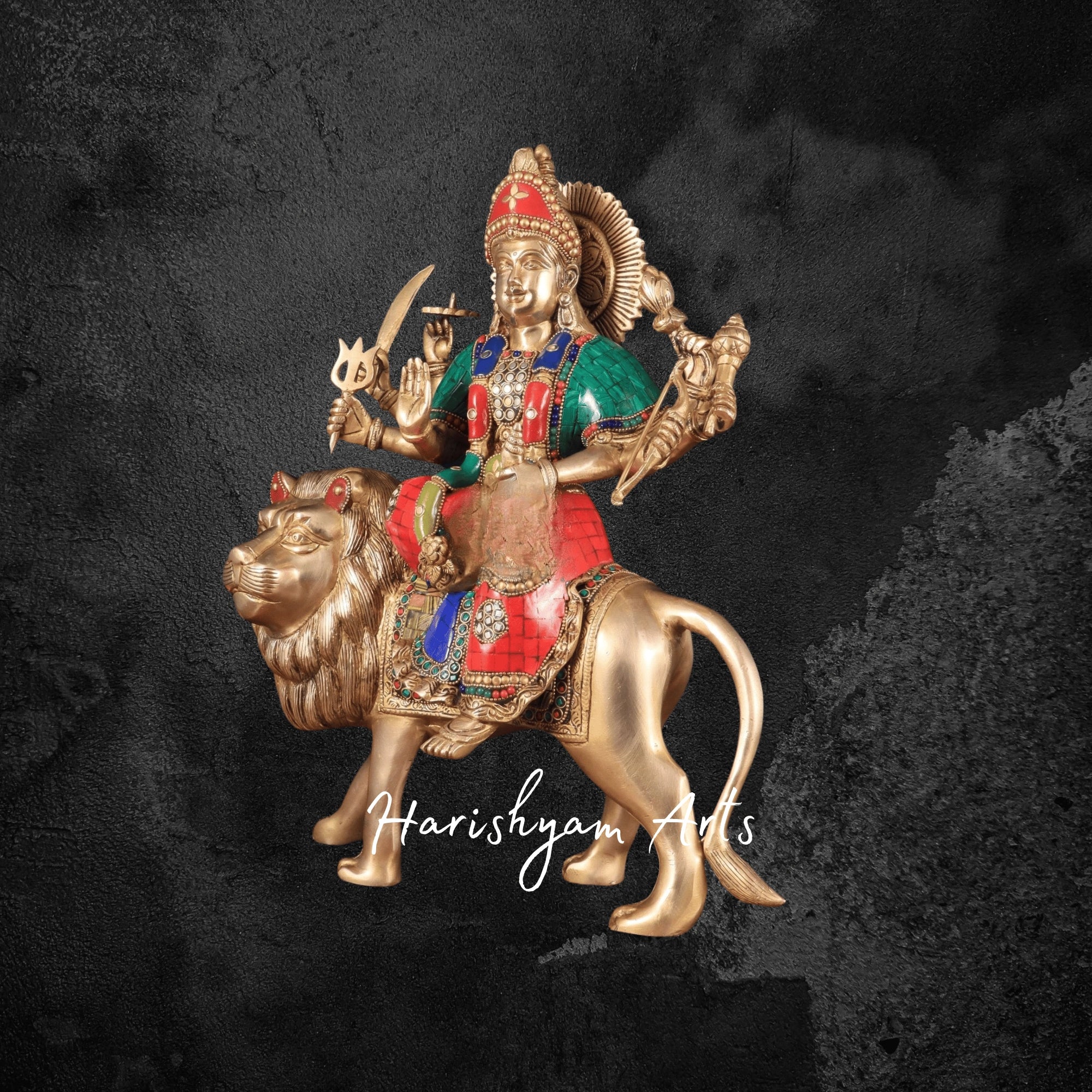 17" Brass Goddess Durga Murti with Divine Detailing