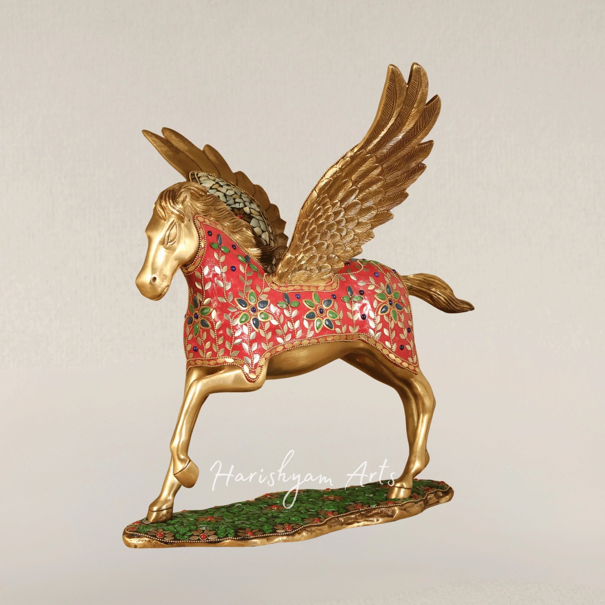 17" Divine Pegasus Stallion Brass Sculpture with Detailed Inlay Work
