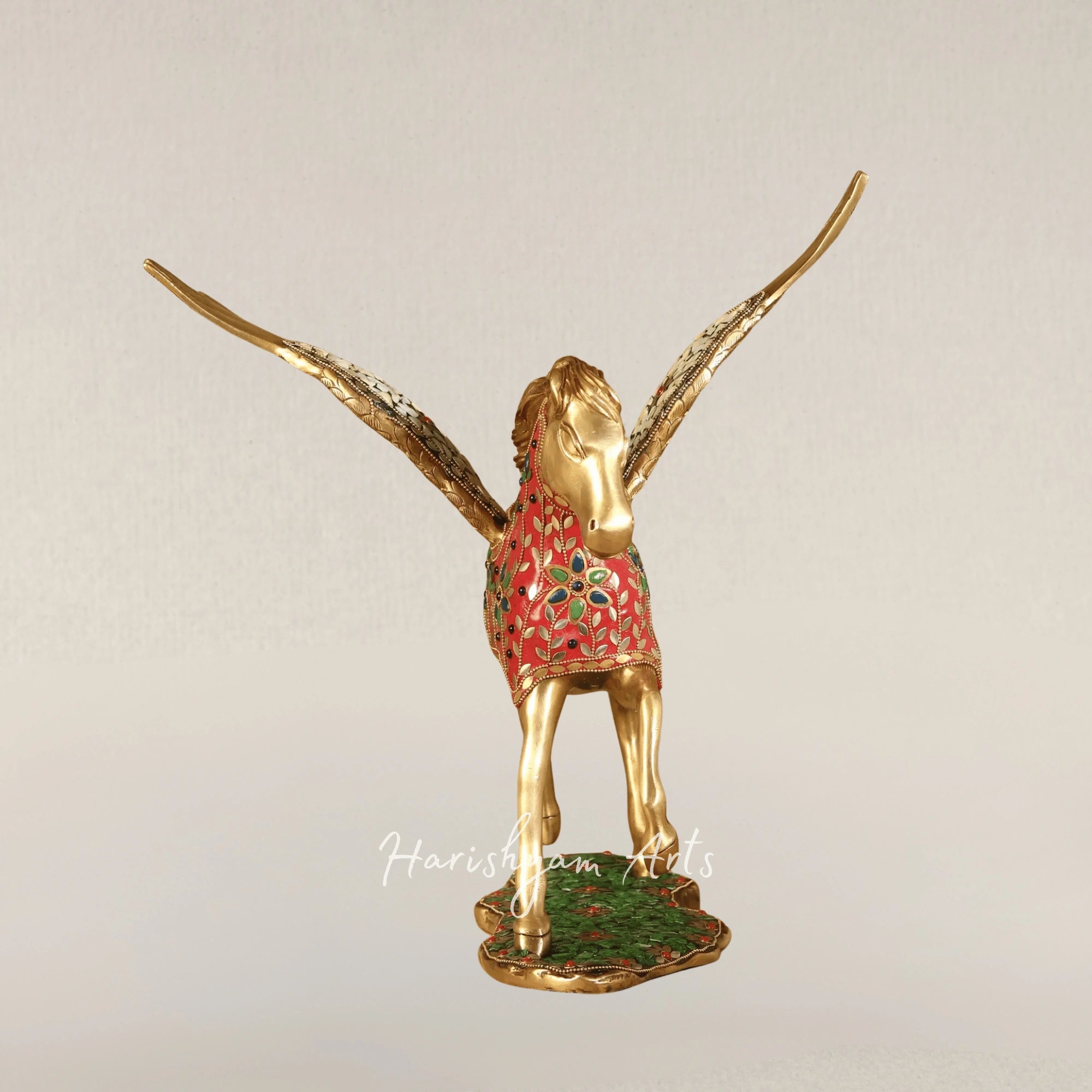 17" Divine Pegasus Stallion Brass Sculpture with Detailed Inlay Work