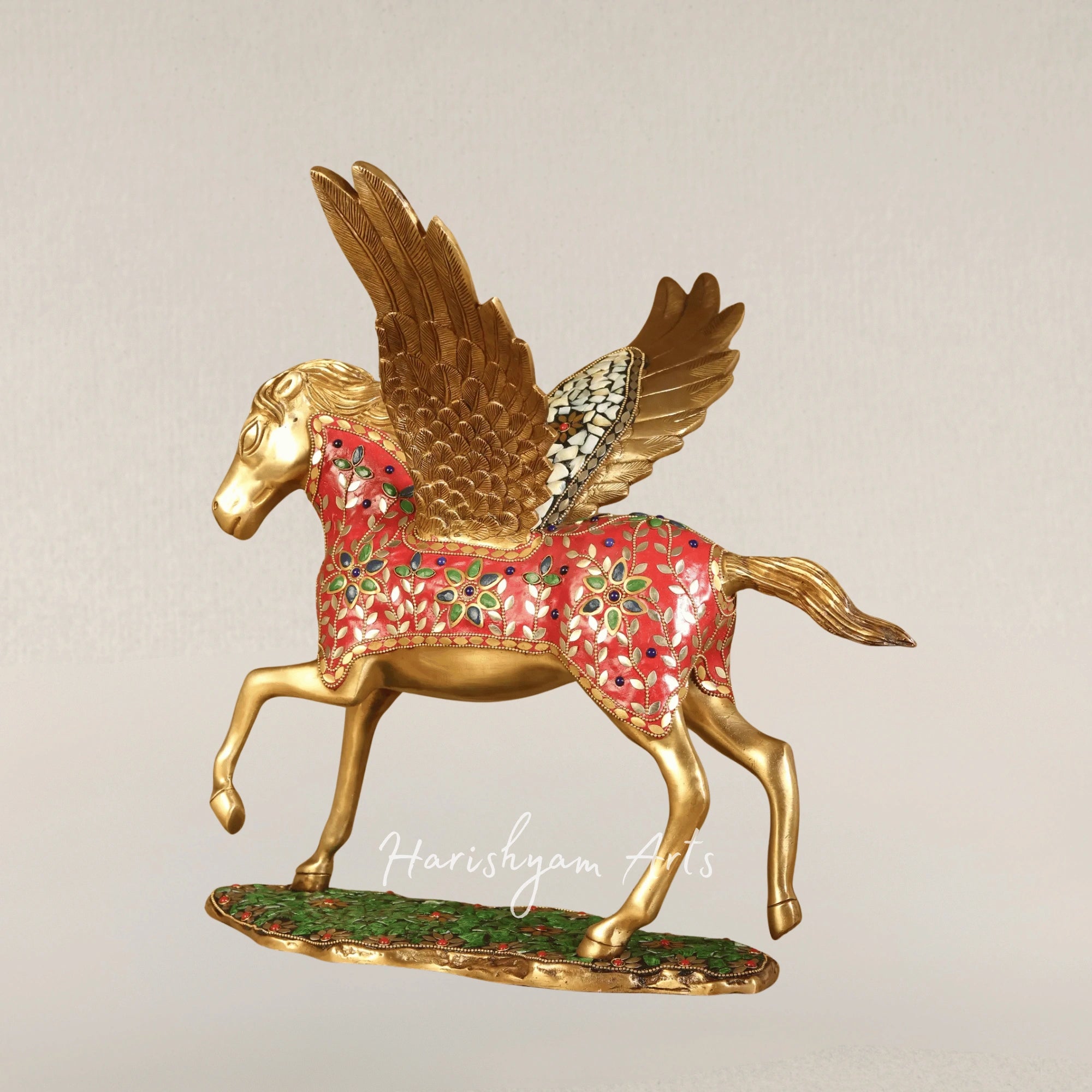 17" Divine Pegasus Stallion Brass Sculpture with Detailed Inlay Work