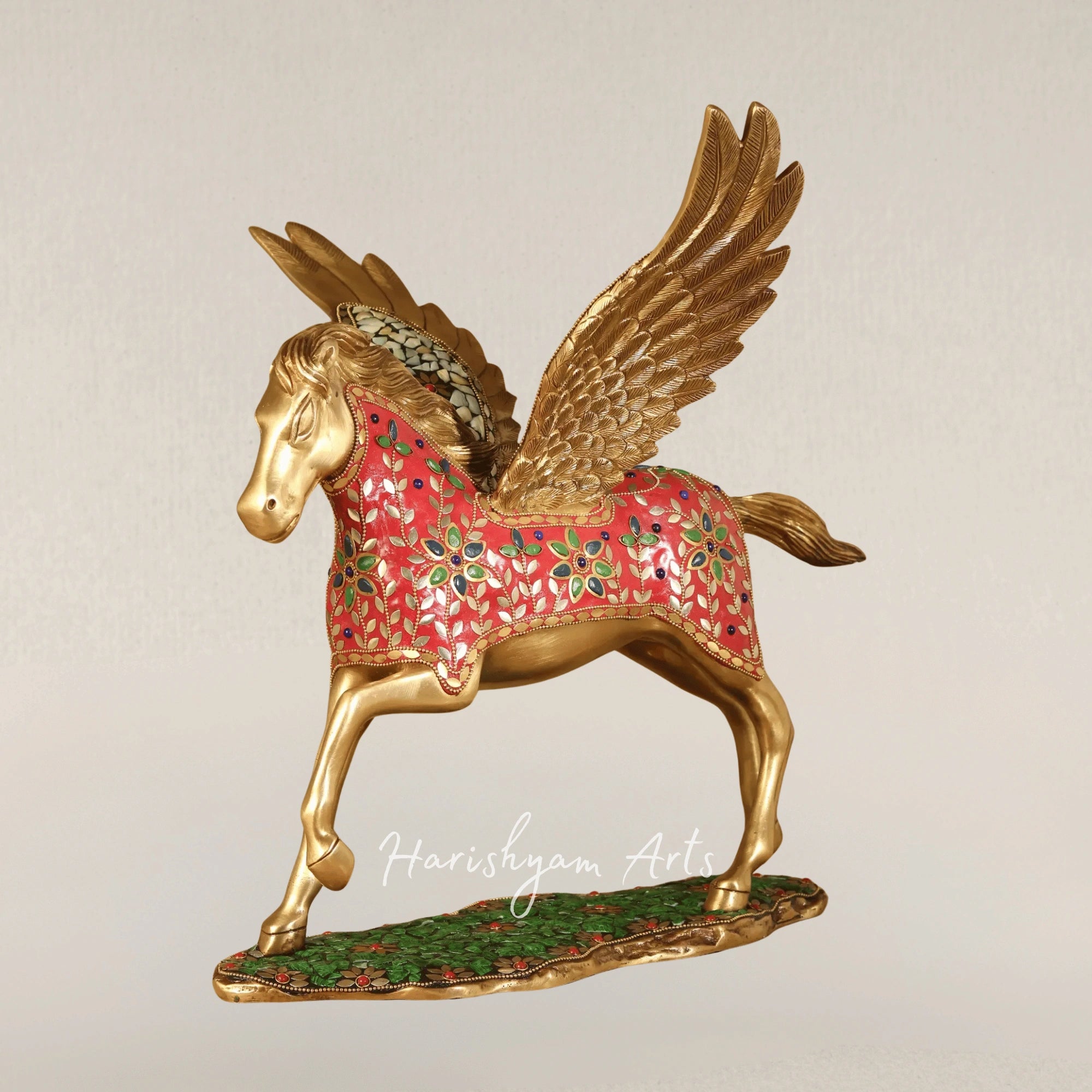17" Divine Pegasus Stallion Brass Sculpture with Detailed Inlay Work