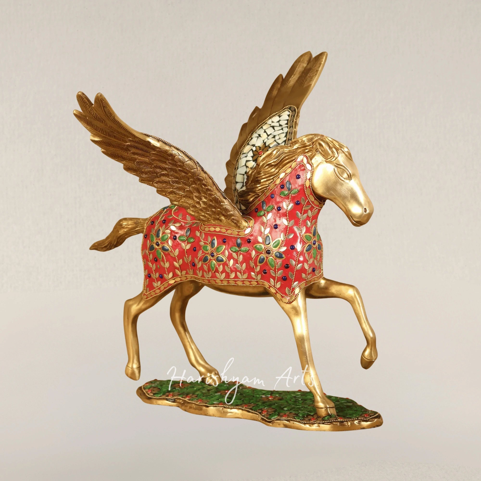 17" Divine Pegasus Stallion Brass Sculpture with Detailed Inlay Work