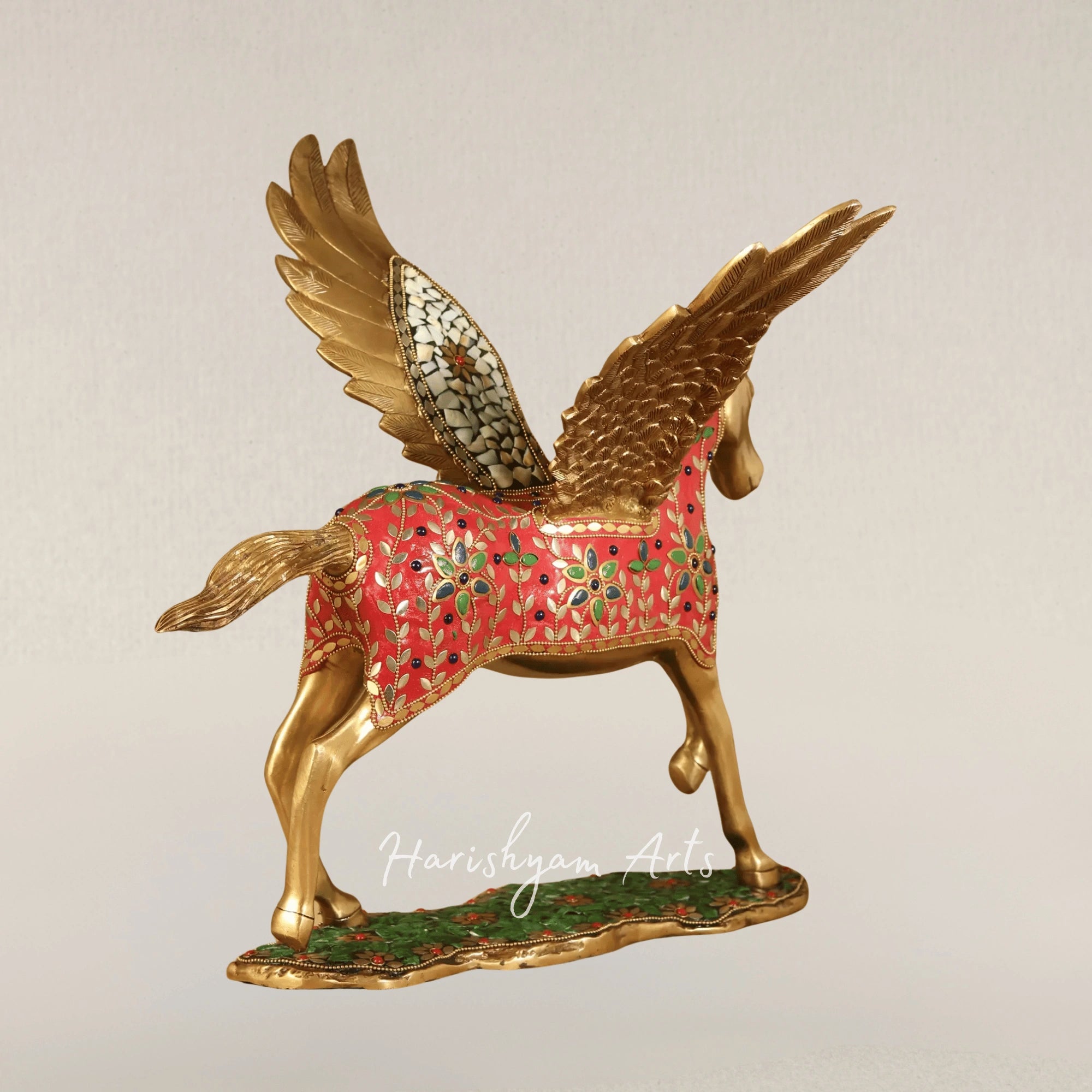 17" Divine Pegasus Stallion Brass Sculpture with Detailed Inlay Work